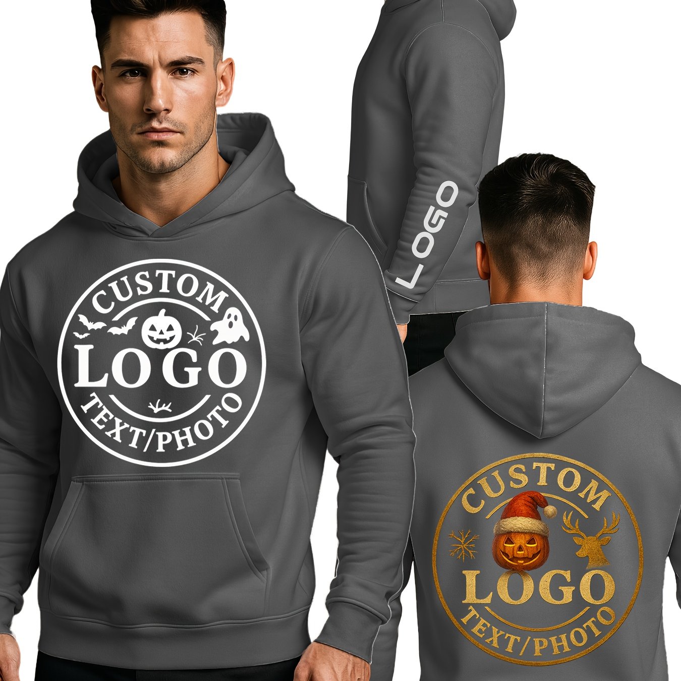 Customizable LOGO Hoodie & Sweatshirt - Unisex Pullover with Personalized Text/Photo/Design, Breathable Fabric, Regular Fit for Men & Women, Perfect Gift for Halloween, Christmas, Couple Celebrations, Casual Wear, Streetwear