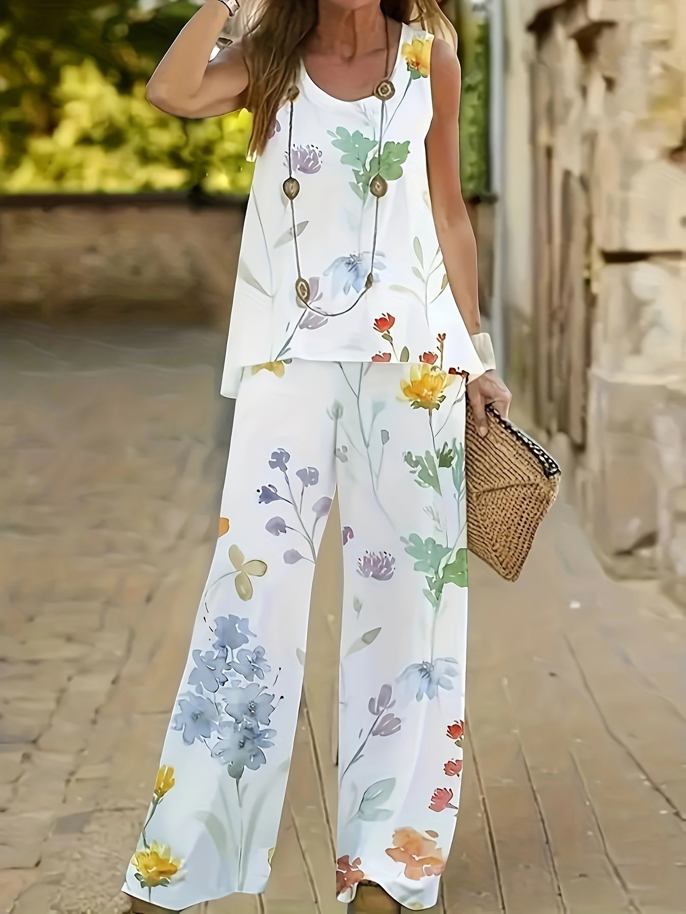 Elegant Floral Print Two-Piece Set - Round Neck