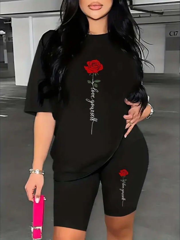 2pcs Valentine's Day Rose Graphic Short Sleeves T-shirt & Running Shorts Suit - Women's Activewear Workout Top & Bottom Sets With Casual Sports Design, Breathable Fabric, And Comfortable Fit