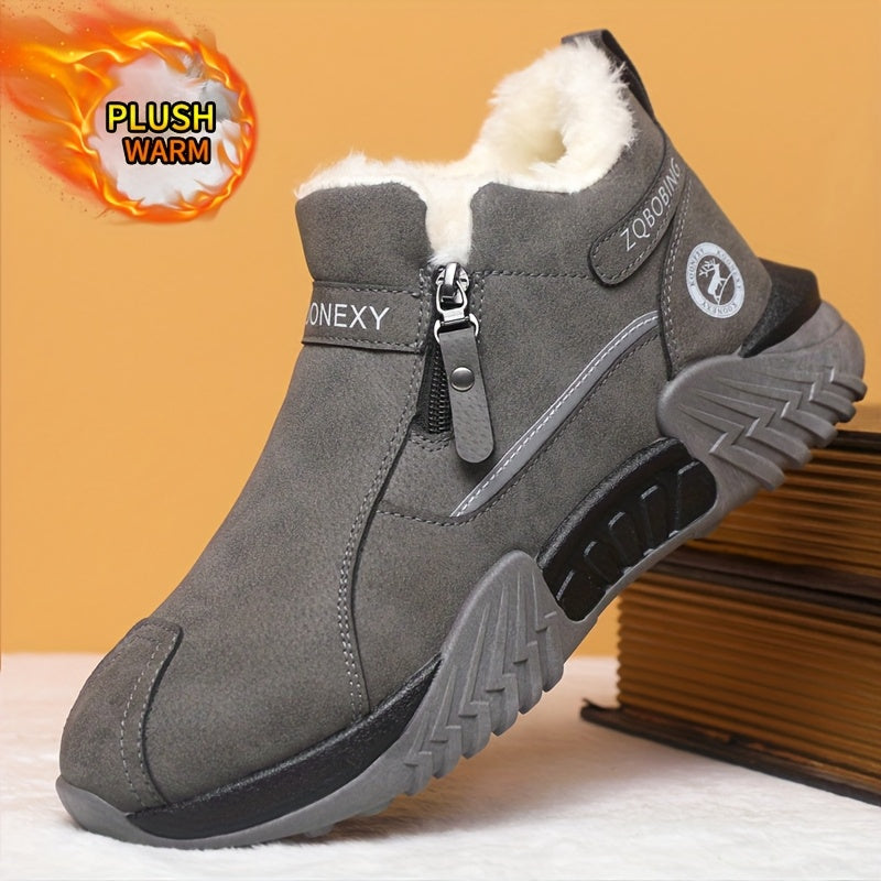 Men’s Winter Warm Snow Boots – Slip-Resistant Traction Tread, Zipper Closure, Ankle Boots with PVC Sole, Ideal for Hiking, Hunting & Work in Cold Weather – Beige/Black/Gray