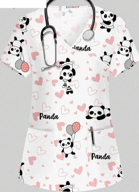 Plus Size Women's Vibrant Print Scrub Top Casual V-Neck Short Sleeve