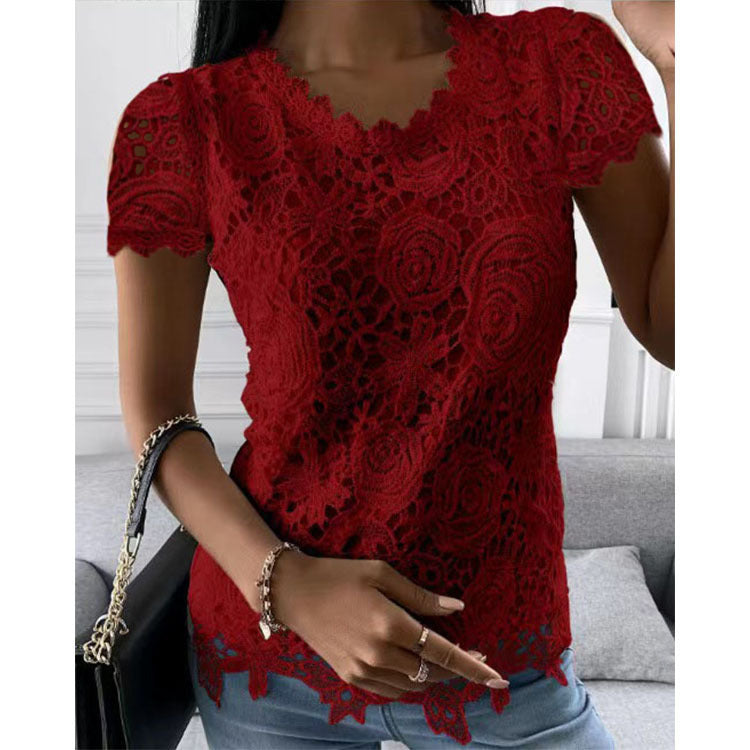 Women's Fashion Solid Color Lace Shirt Short Sleeve Top