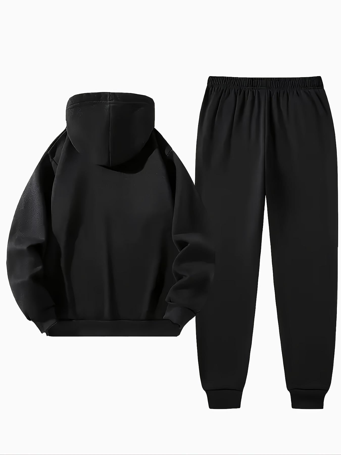 Autumn and Winter Men'S Fleece-Lined Thickened Hooded Sweatshirt and Jogger Casual Sport Two-Piece Set, Polyester Fabric, Project X Paris Letter Print - 2pcs, Knit, Casual Sport Two-piece Set