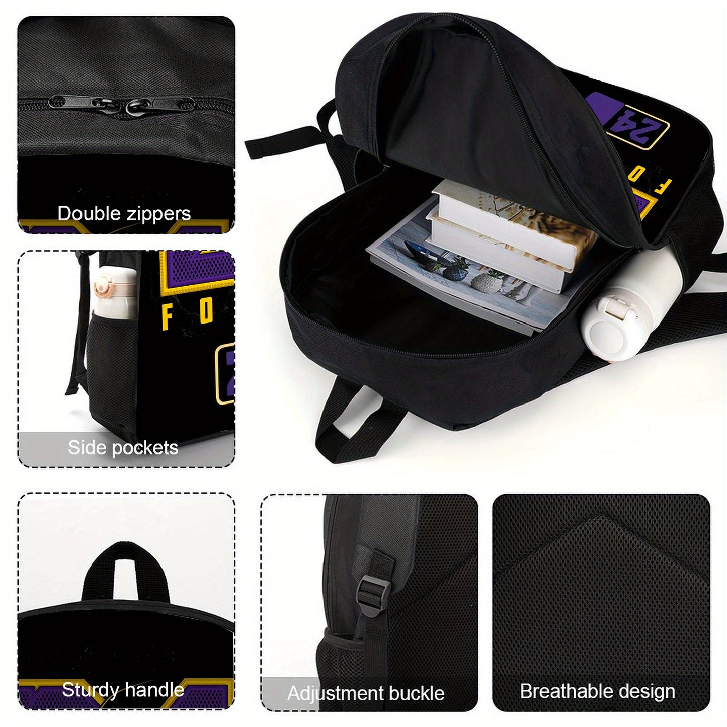 1pc 17-Inch Lightweight Black Backpack with Purple & Yellow "24 Forever" Print - Adjustable Shoulder Straps, Zipper Closure, Foldable Design for Travel, Commuting, and Casual Use, Casual Daypack | Sporty Backpack | Adjustable