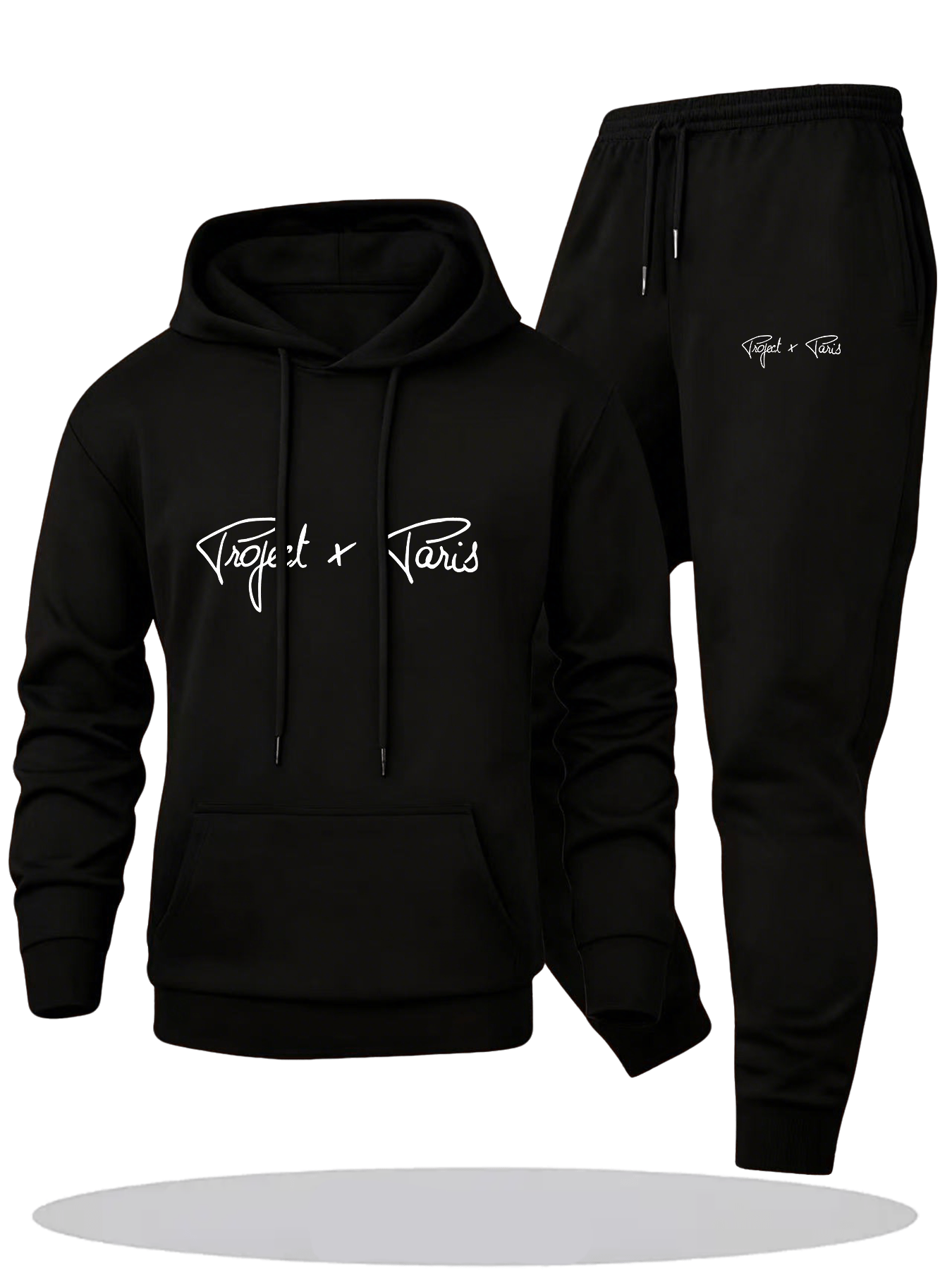 Autumn and Winter Men'S Fleece-Lined Thickened Hooded Sweatshirt and Jogger Casual Sport Two-Piece Set, Polyester Fabric, Project X Paris Letter Print - 2pcs, Knit, Casual Sport Two-piece Set