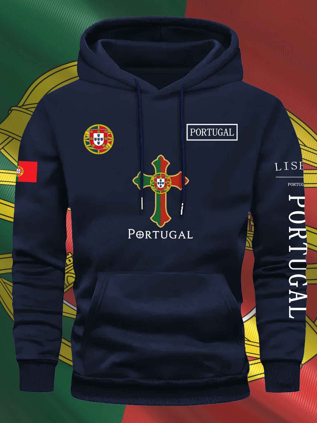 KOURRTER Men'S & Women'S Casual Hoodie - Autumn Winter Sporty Outdoor Hooded Sweatshirt with Portugal Flag & Cross Design, Comfortable Regular Fit with Pockets, Sweater Hoodie