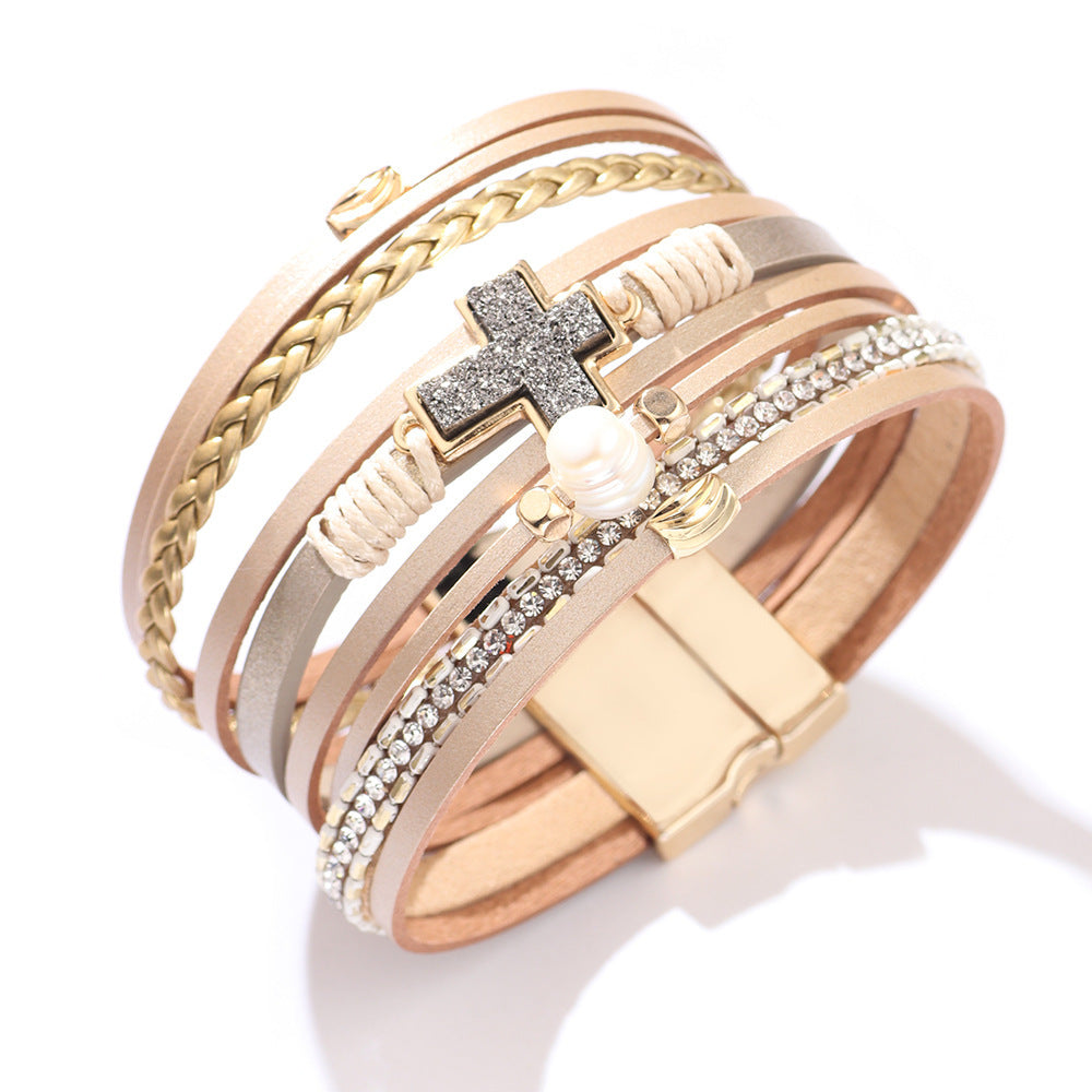 Cross Braided Multi-layer Diamond-studded Magnetic Bracelet