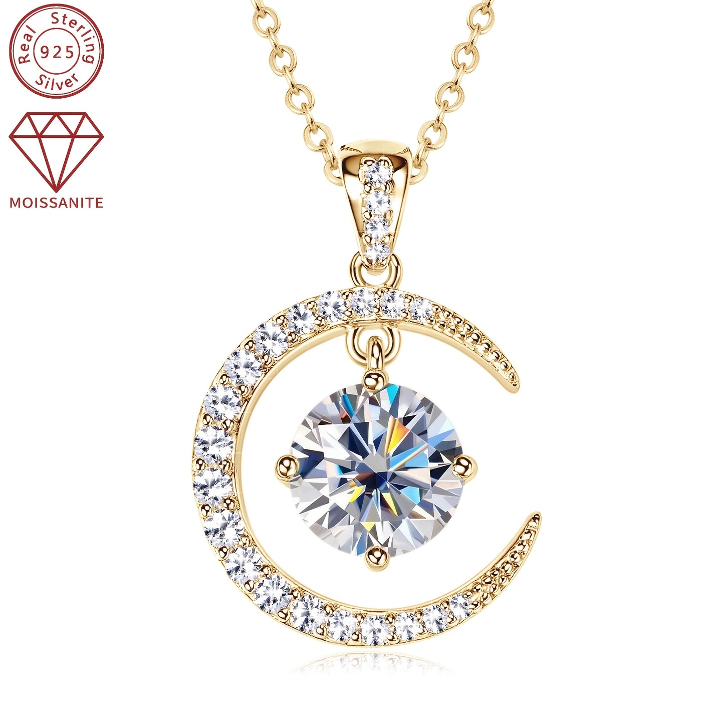 3.86g Silver, 2.31ct Moissanite Main Stone 8mm*1pcs-2CT; Total Carat of Side Stones 0.31ct 1 Strand 925 Sterling Silver Women's Pendant Necklace Moon Sun Element Round Moissanite Pendant Necklace Fashion Holiday Gift Jewelry