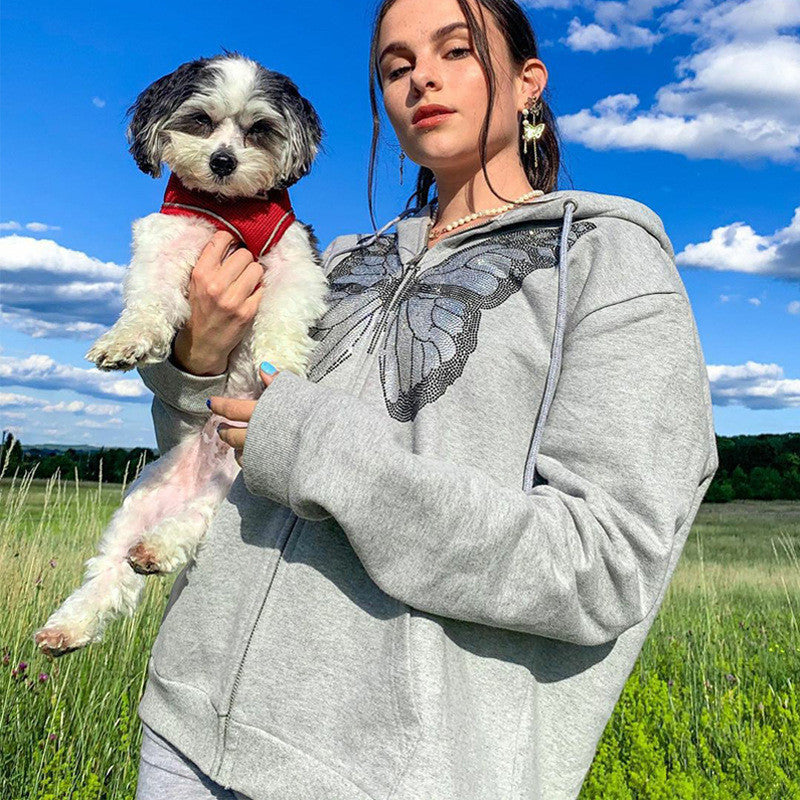 Streetwear à fermeture éclair en strass à motif papillon