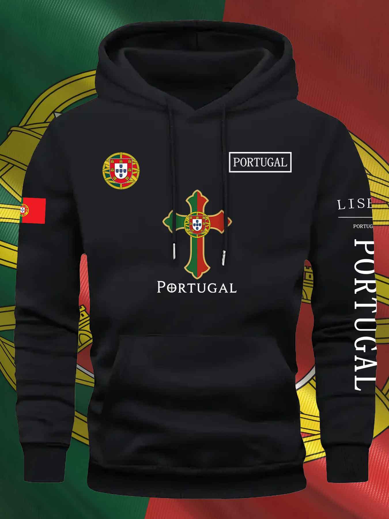 KOURRTER Men'S & Women'S Casual Hoodie - Autumn Winter Sporty Outdoor Hooded Sweatshirt with Portugal Flag & Cross Design, Comfortable Regular Fit with Pockets, Sweater Hoodie