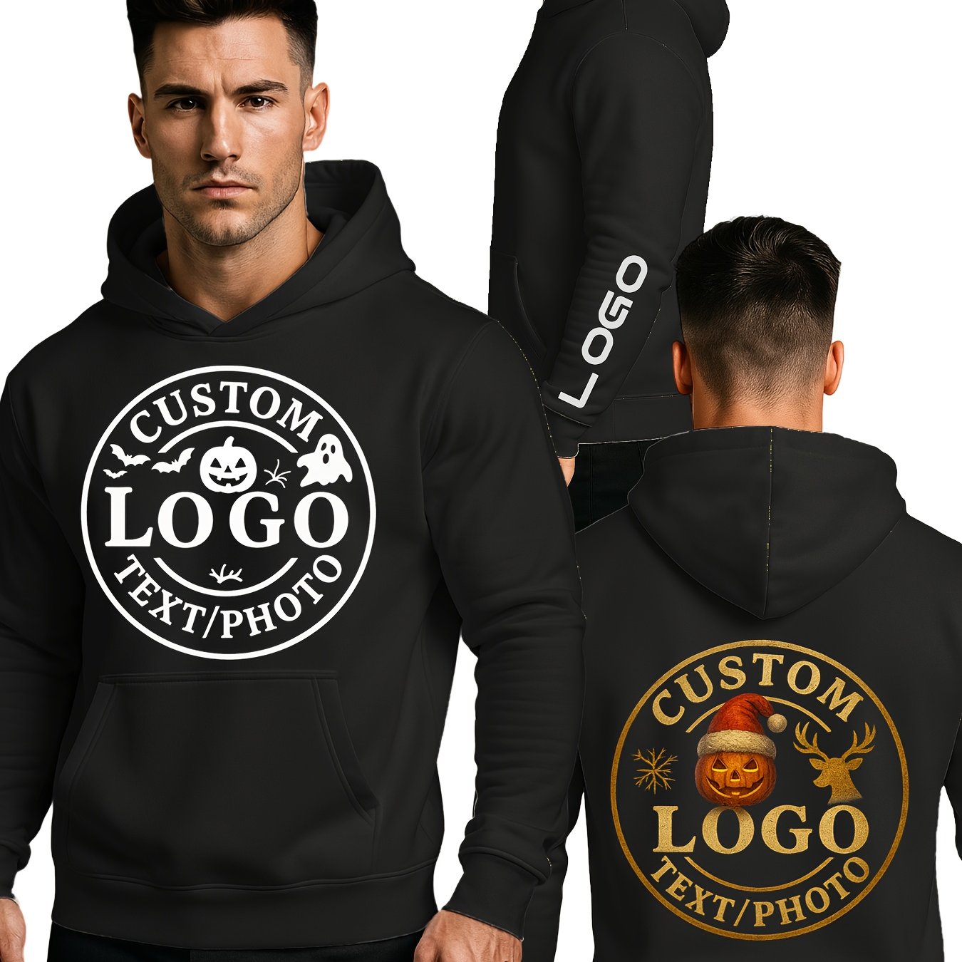 Customizable LOGO Hoodie & Sweatshirt - Unisex Pullover with Personalized Text/Photo/Design, Breathable Fabric, Regular Fit for Men & Women, Perfect Gift for Halloween, Christmas, Couple Celebrations, Casual Wear, Streetwear