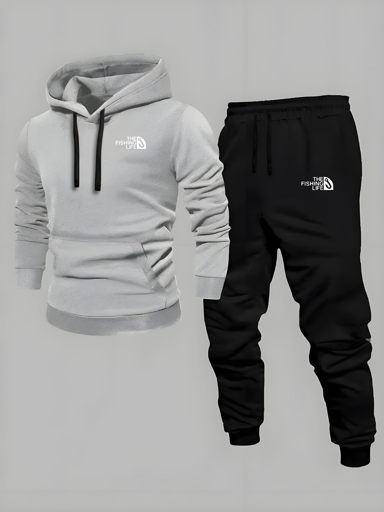 Men’s Casual Hooded Tracksuit – Black Sweatshirt and Sports Pants Set with Pockets, Long Sleeves, and Waistbands – Ideal for Autumn &amp; Winter Outdoor Activities