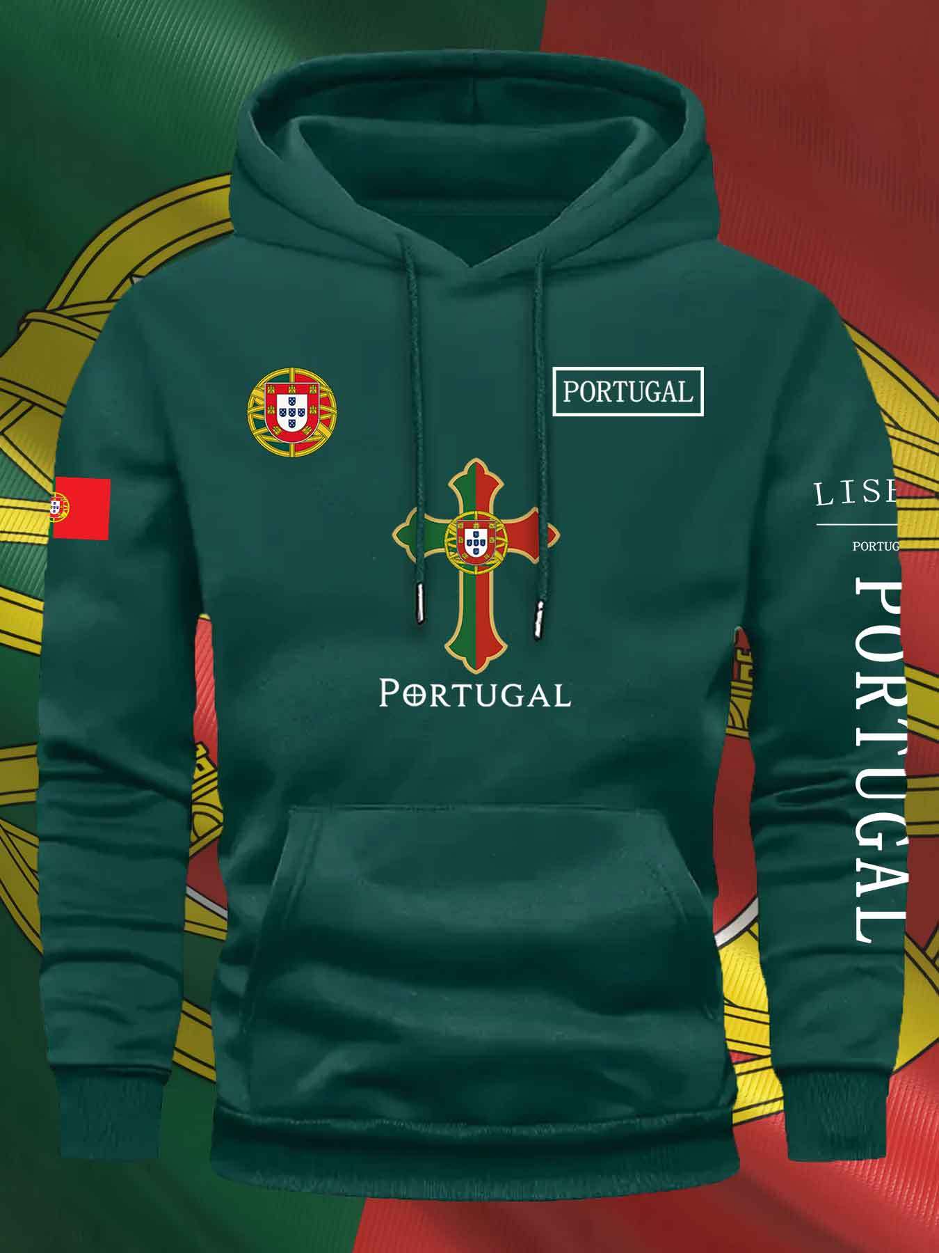 KOURRTER Men'S & Women'S Casual Hoodie - Autumn Winter Sporty Outdoor Hooded Sweatshirt with Portugal Flag & Cross Design, Comfortable Regular Fit with Pockets, Sweater Hoodie
