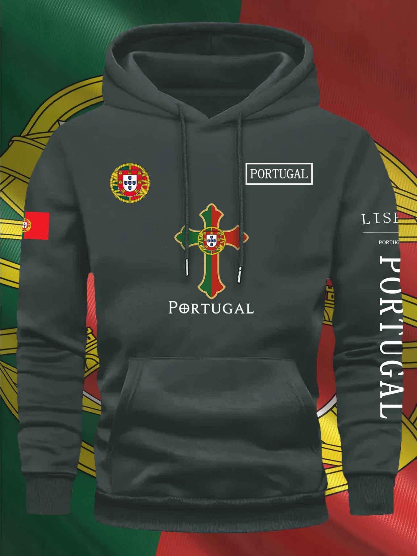 KOURRTER Men'S & Women'S Casual Hoodie - Autumn Winter Sporty Outdoor Hooded Sweatshirt with Portugal Flag & Cross Design, Comfortable Regular Fit with Pockets, Sweater Hoodie