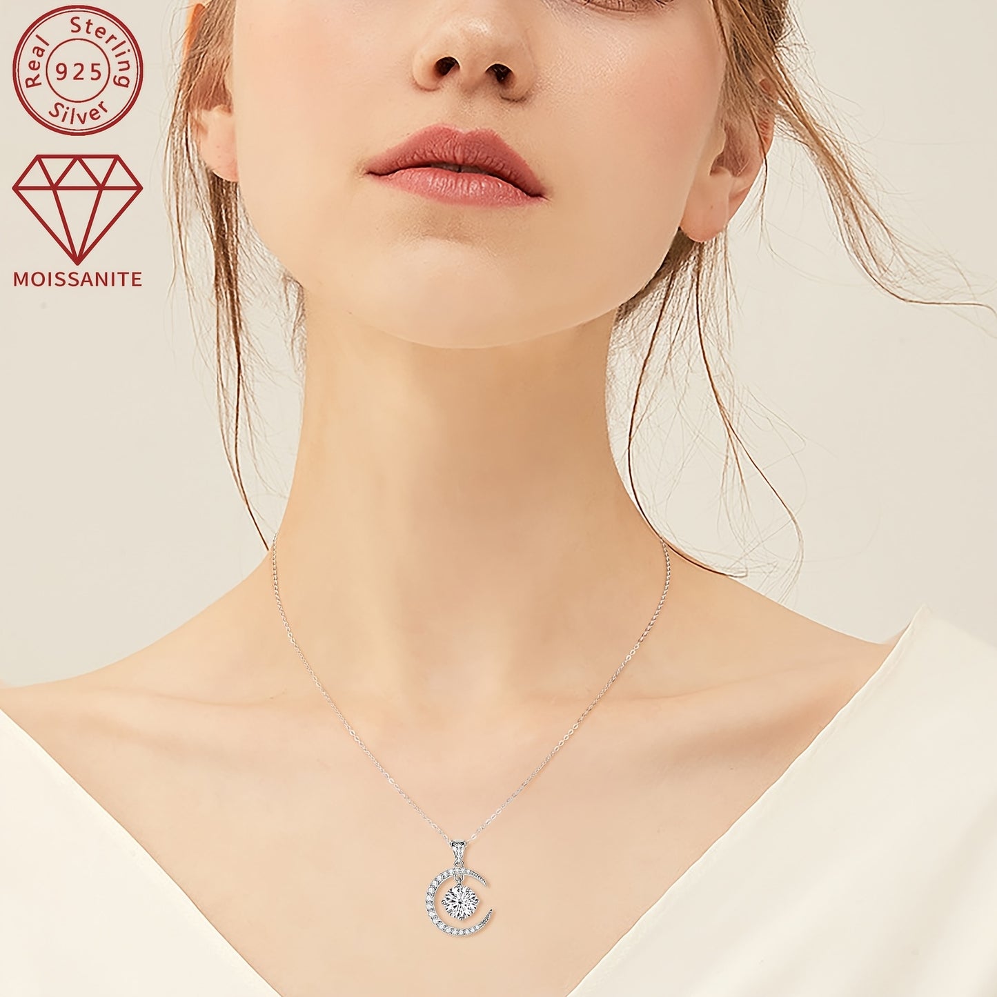 3.86g Silver, 2.31ct Moissanite Main Stone 8mm*1pcs-2CT; Total Carat of Side Stones 0.31ct 1 Strand 925 Sterling Silver Women's Pendant Necklace Moon Sun Element Round Moissanite Pendant Necklace Fashion Holiday Gift Jewelry