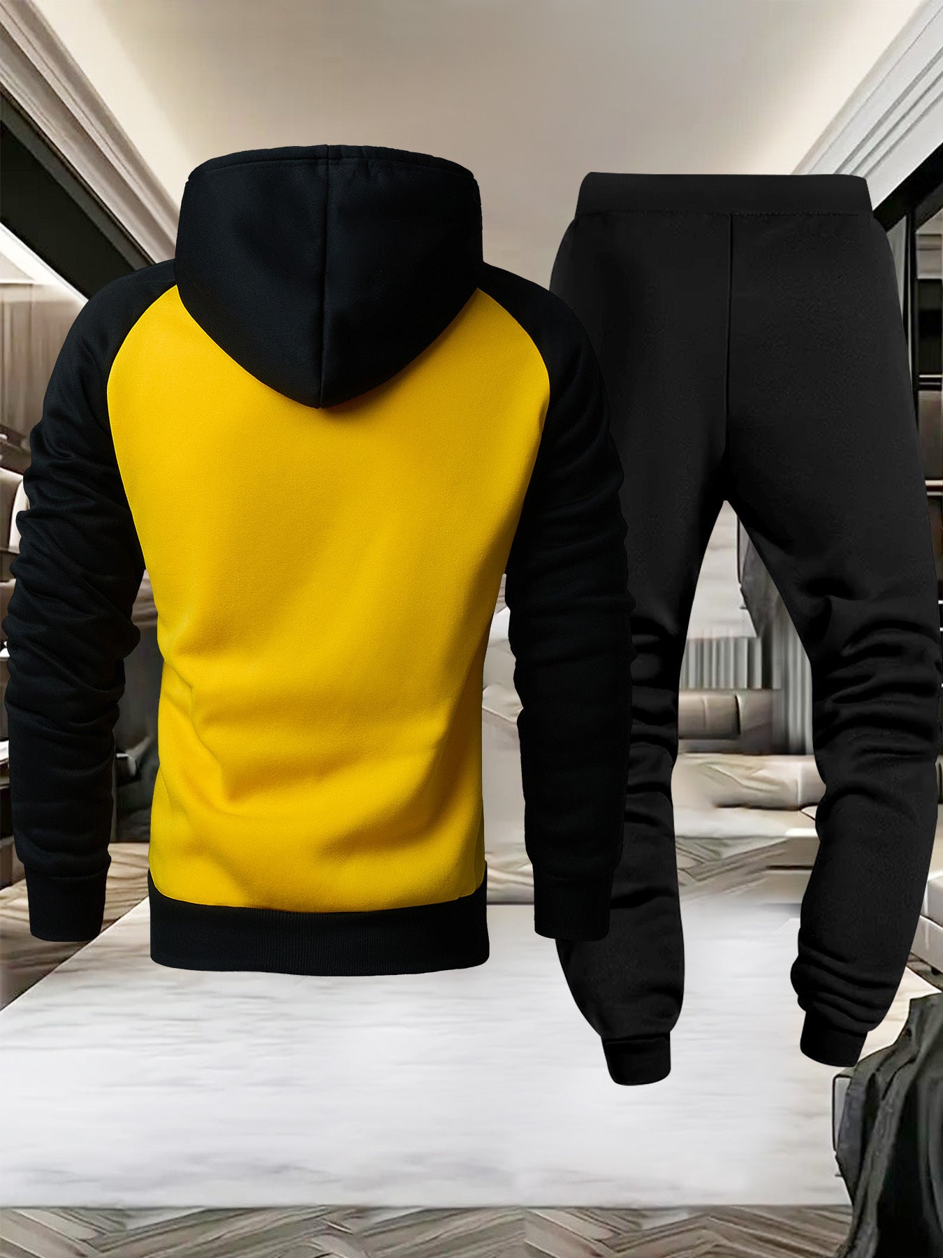 Men's Casual Sport Raglan Sleeve Hooded Sweatshirt Two-Piece Set, Dual-Tone Color Blocking Trendy Matching Outfit with Hot-Selling European and American Pattern Print Design for Comfortable Fashion Wear