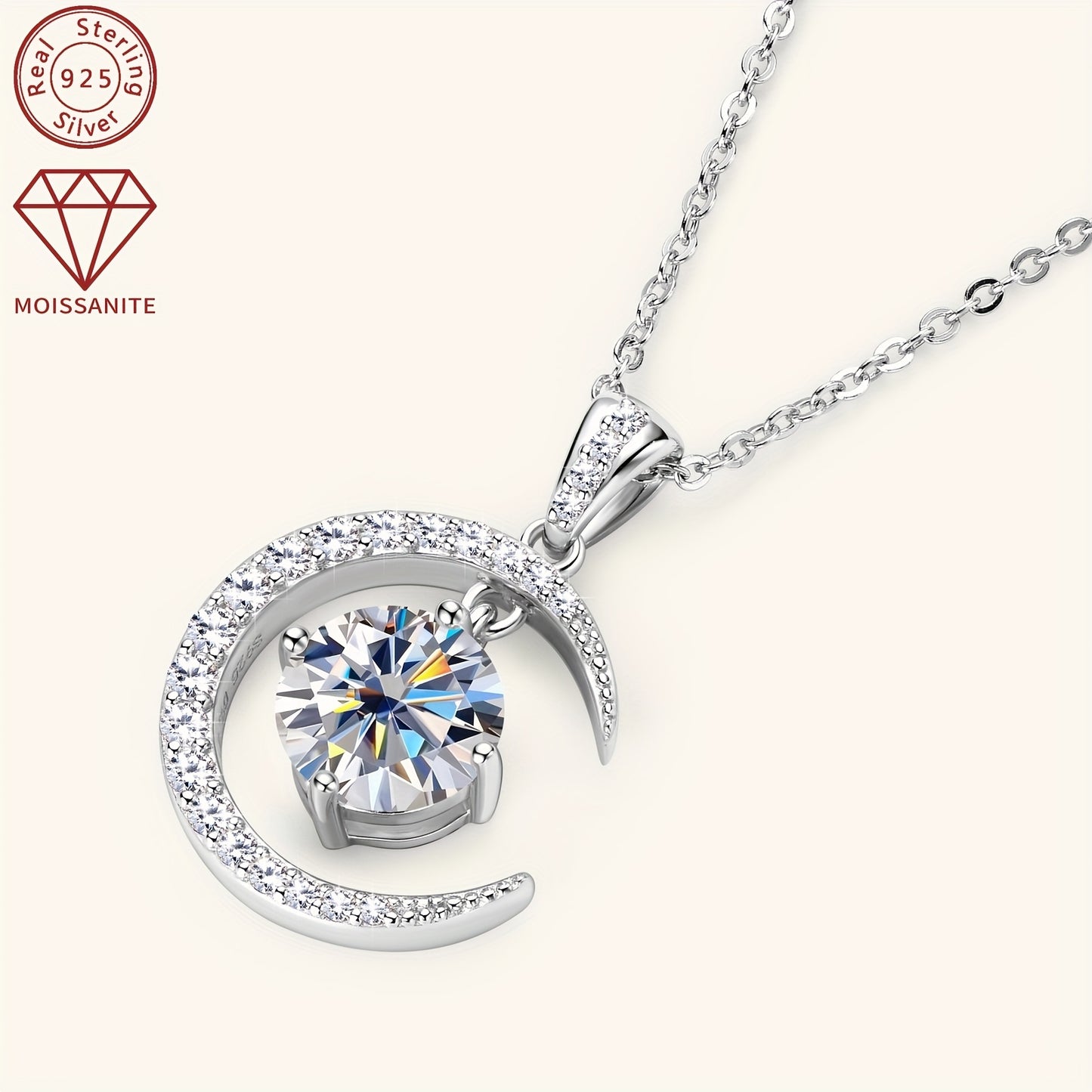 3.86g Silver, 2.31ct Moissanite Main Stone 8mm*1pcs-2CT; Total Carat of Side Stones 0.31ct 1 Strand 925 Sterling Silver Women's Pendant Necklace Moon Sun Element Round Moissanite Pendant Necklace Fashion Holiday Gift Jewelry