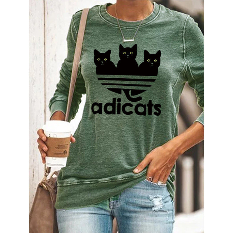 Long Sleeve Casual Three Cats Round Neck Print T-shirt
