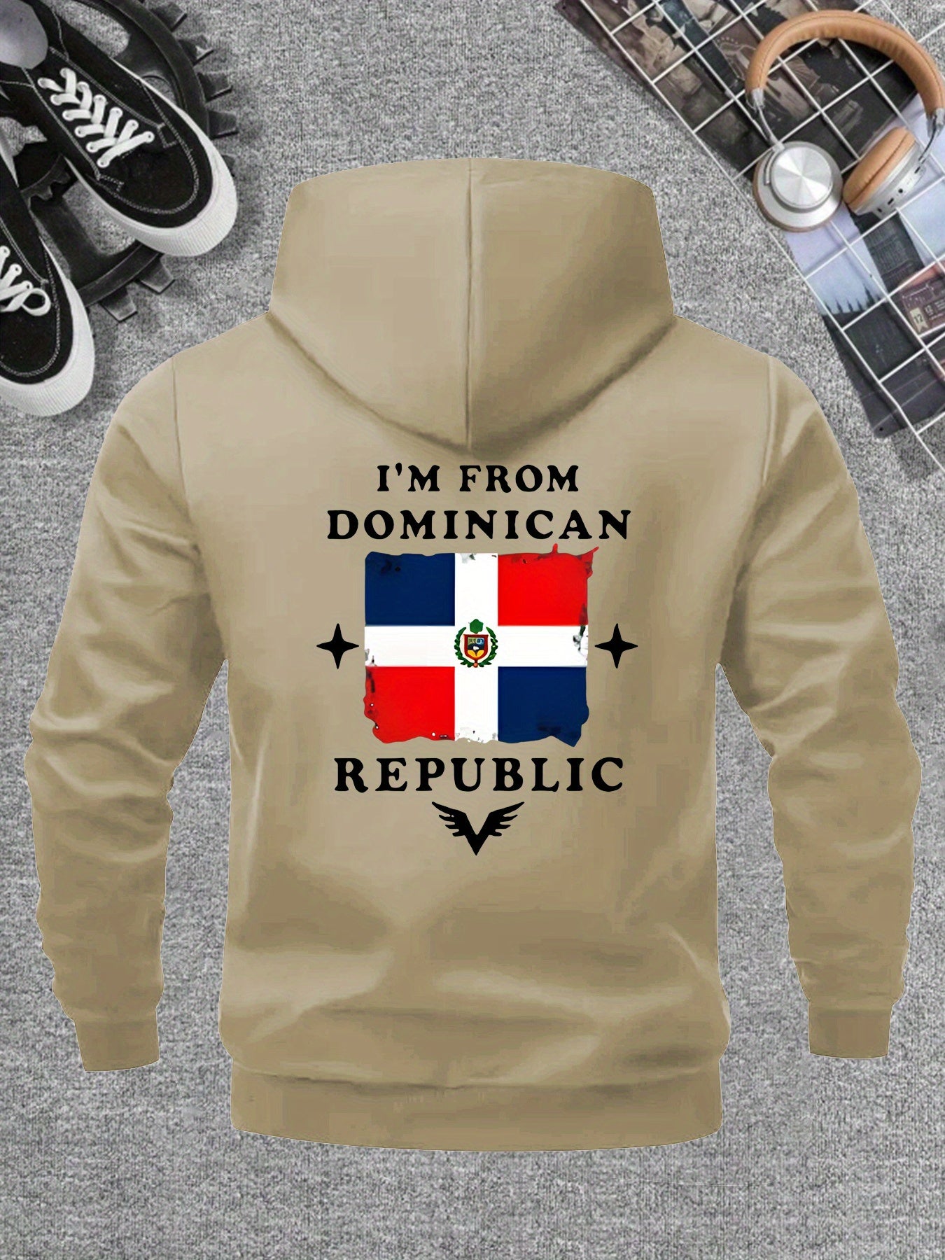 Men’s Windproof Hooded Jacket – “I’m from Dominican Republic” Print, Lightweight Zip-Up Casual Windbreaker, Black with Red &amp; White Flag Design, Ideal for Spring &amp; Fall Outdoor Wear