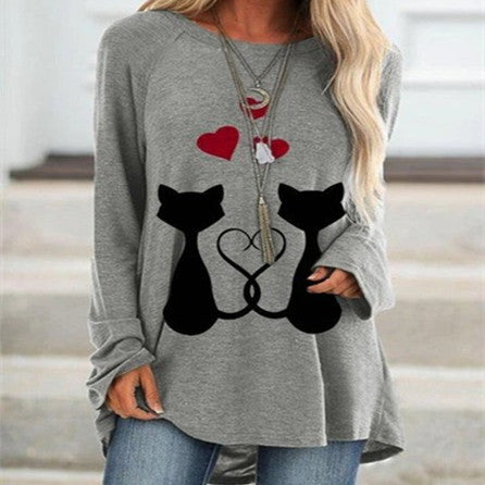 Women's Autumn Loves And Cats Loose Casual Long Sleeves Printed T-shirt