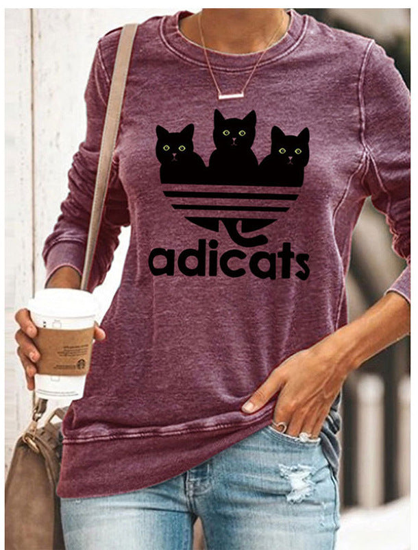 Long Sleeve Casual Three Cats Round Neck Print T-shirt
