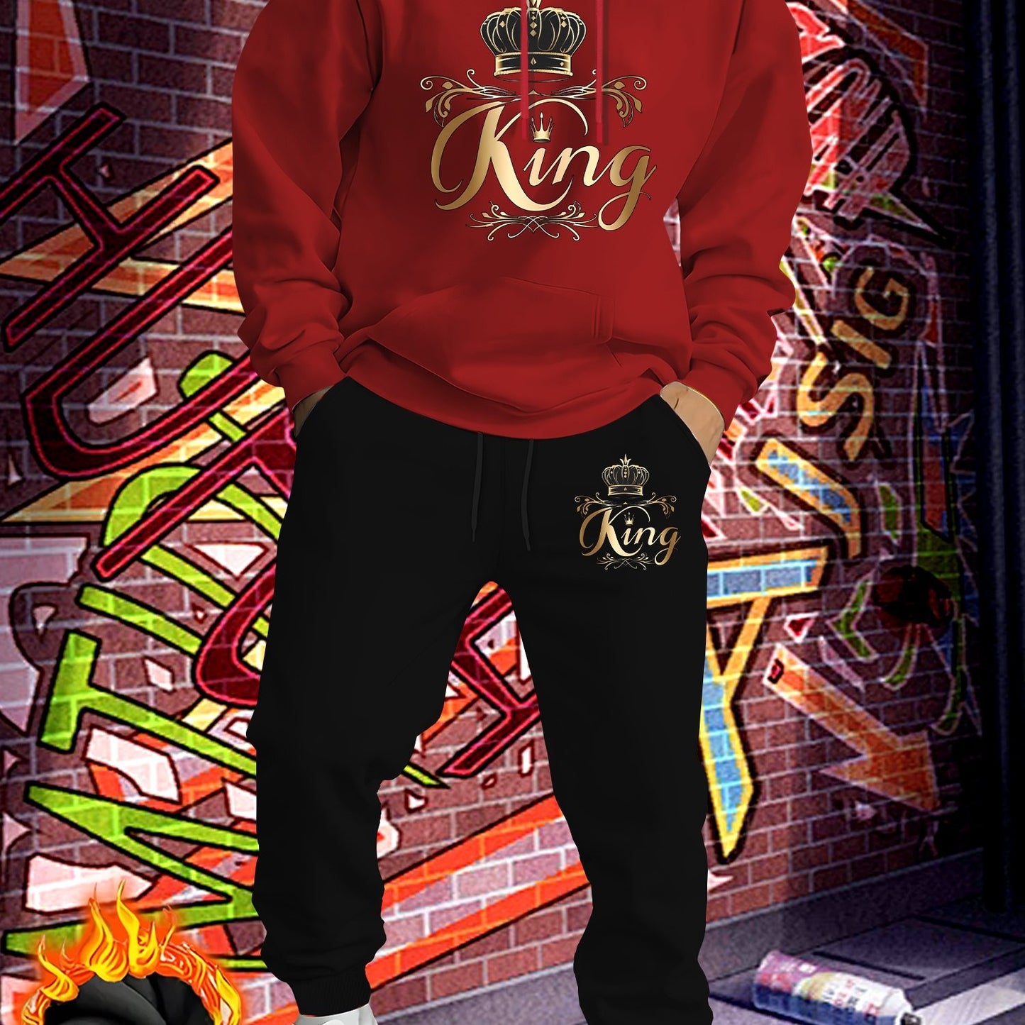 Men'S Fleece-Lined Hooded Sweatshirt & Jogger Set - "King" Graphic Print, Casual Fall/Winter Outfit, Regular Fit, Slight Stretch Fabric, Trendy Streetwear Style