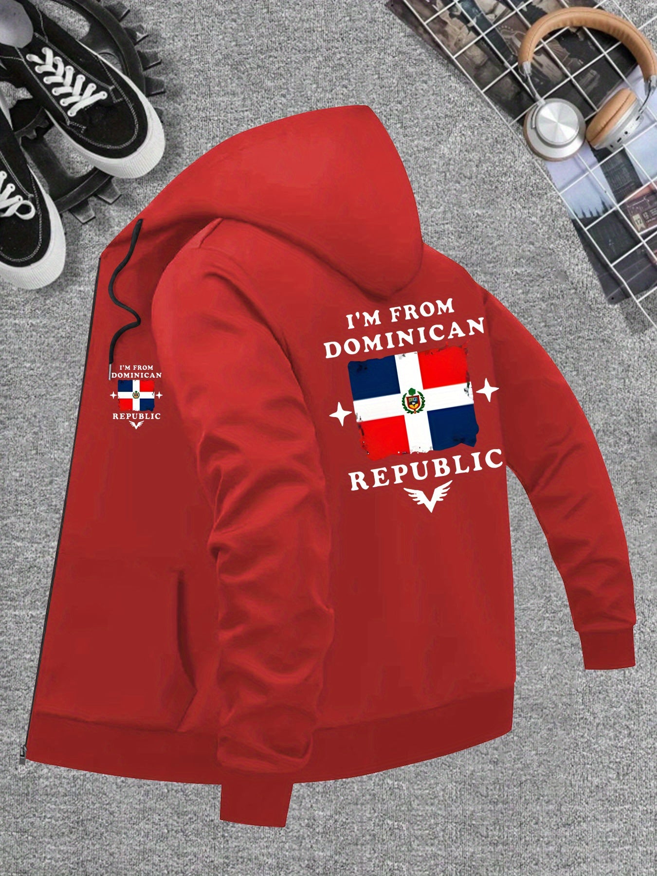 Men’s Windproof Hooded Jacket – “I’m from Dominican Republic” Print, Lightweight Zip-Up Casual Windbreaker, Black with Red &amp; White Flag Design, Ideal for Spring &amp; Fall Outdoor Wear