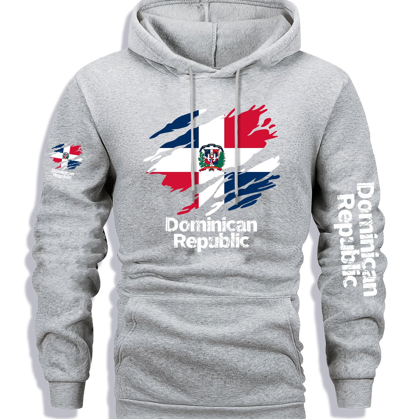 Men's Dominican Republic Flag Graphic Hoodie - Heather Gray Pullover Sweatshirt, Machine Washable Winter Hoodie for Streetwear, Travel & Everyday Casual Outfits - Autumn/Winter Clothing