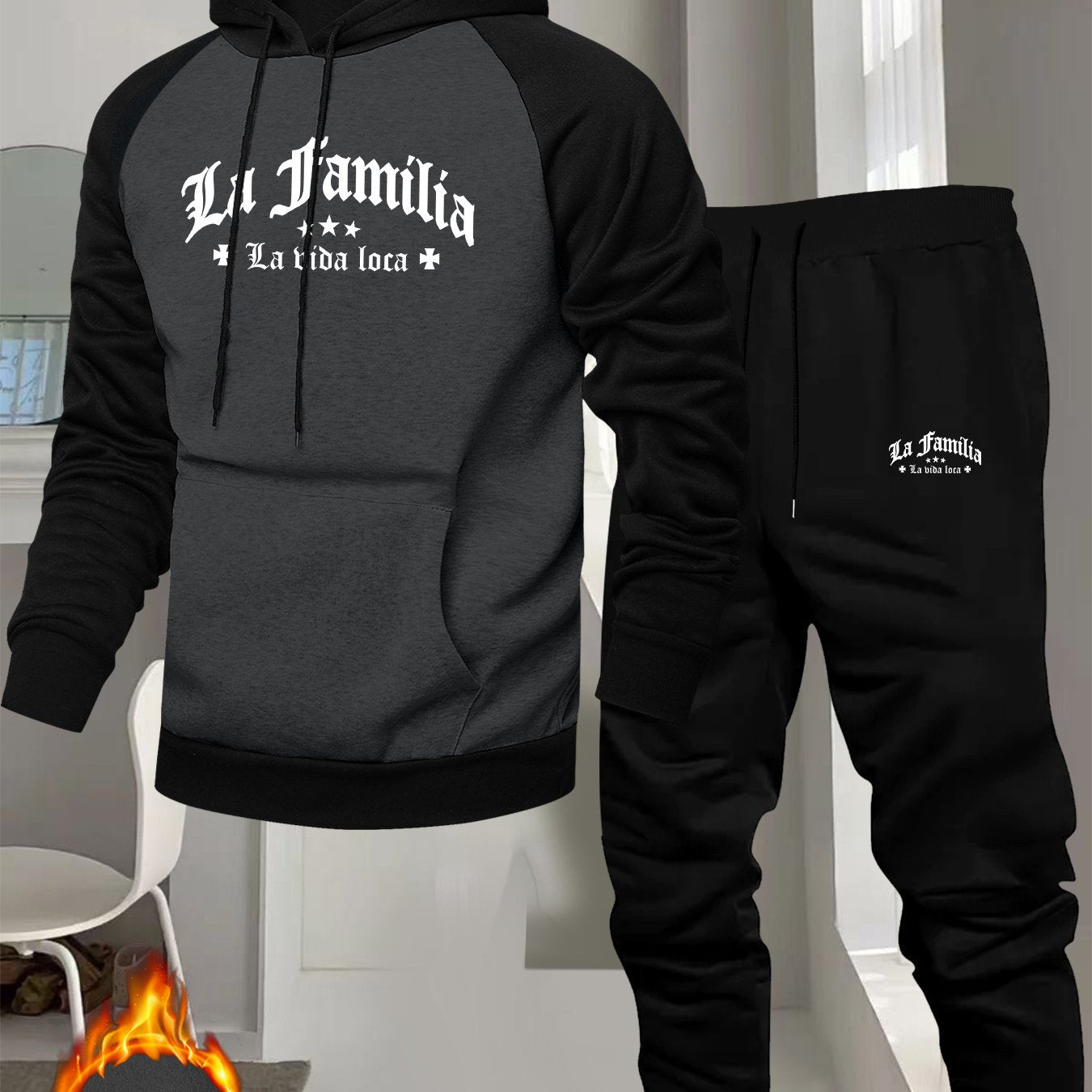 Men's Casual Sport Raglan Sleeve Hooded Sweatshirt Two-Piece Set, Dual-Tone Color Blocking Trendy Matching Outfit with Hot-Selling European and American Pattern Print Design for Comfortable Fashion Wear