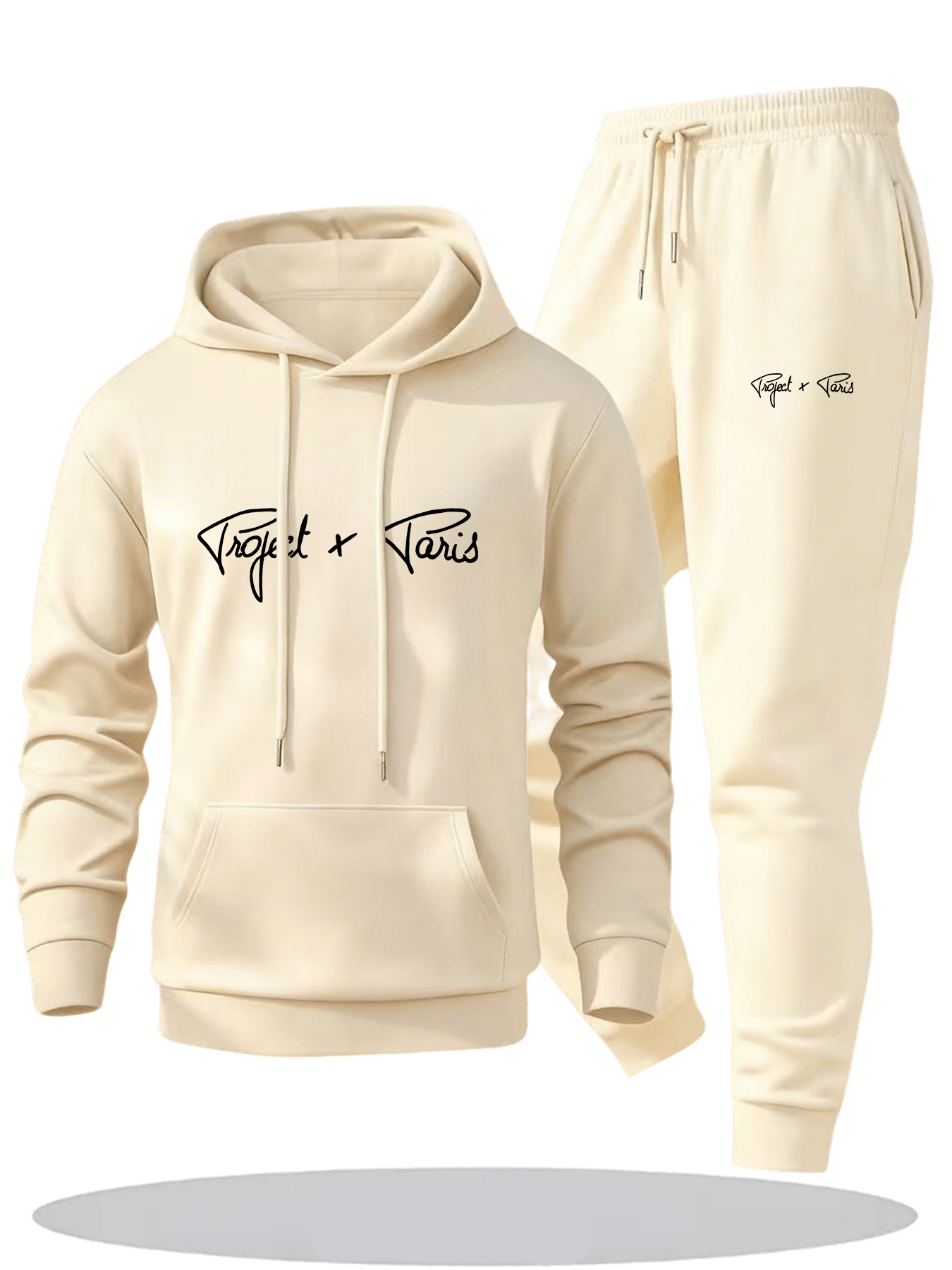 Autumn and Winter Men'S Fleece-Lined Thickened Hooded Sweatshirt and Jogger Casual Sport Two-Piece Set, Polyester Fabric, Project X Paris Letter Print - 2pcs, Knit, Casual Sport Two-piece Set