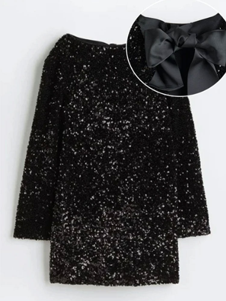 Robe à paillettes avec nœud dans le dos, col rond, manches longues, robes pour fête