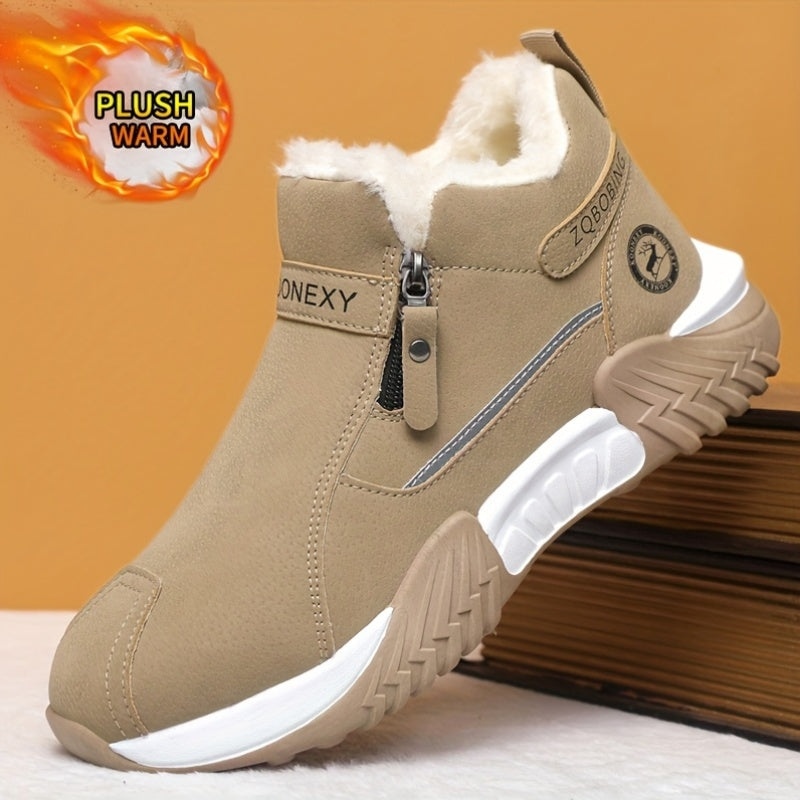 Men’s Winter Warm Snow Boots – Slip-Resistant Traction Tread, Zipper Closure, Ankle Boots with PVC Sole, Ideal for Hiking, Hunting &amp; Work in Cold Weather – Beige/Black/Gray