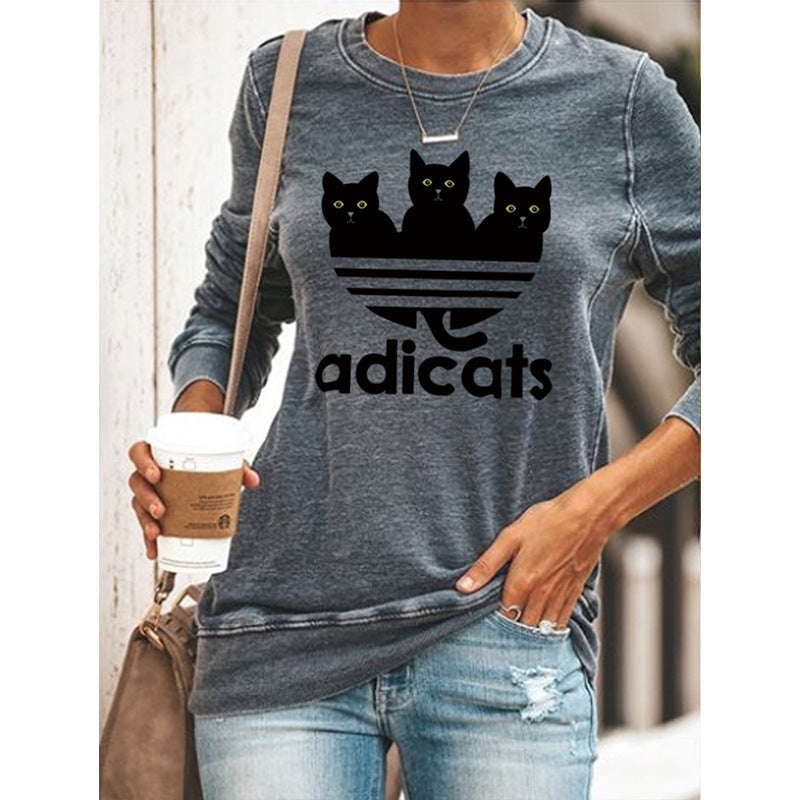 Long Sleeve Casual Three Cats Round Neck Print T-shirt