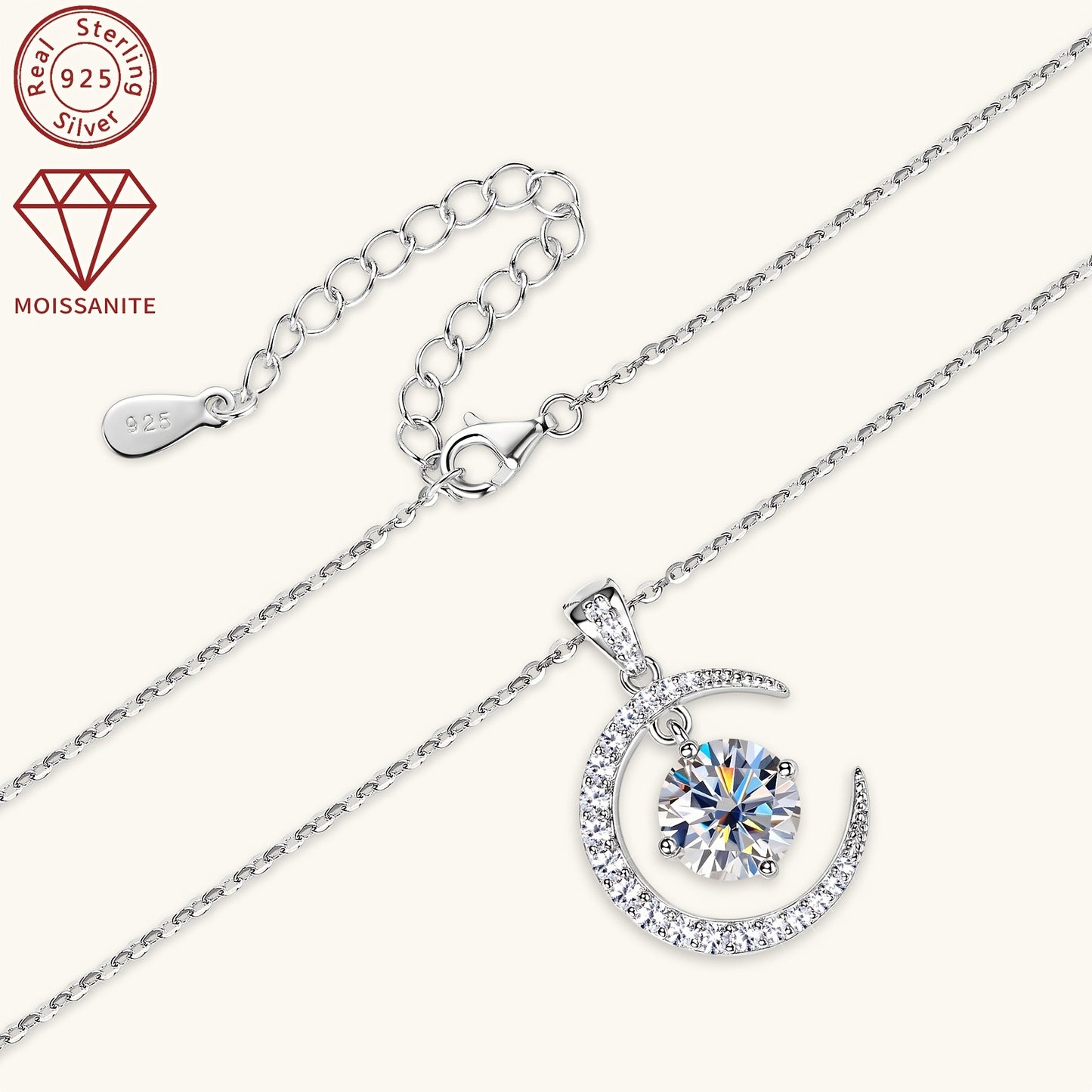 3.86g Silver, 2.31ct Moissanite Main Stone 8mm*1pcs-2CT; Total Carat of Side Stones 0.31ct 1 Strand 925 Sterling Silver Women's Pendant Necklace Moon Sun Element Round Moissanite Pendant Necklace Fashion Holiday Gift Jewelry