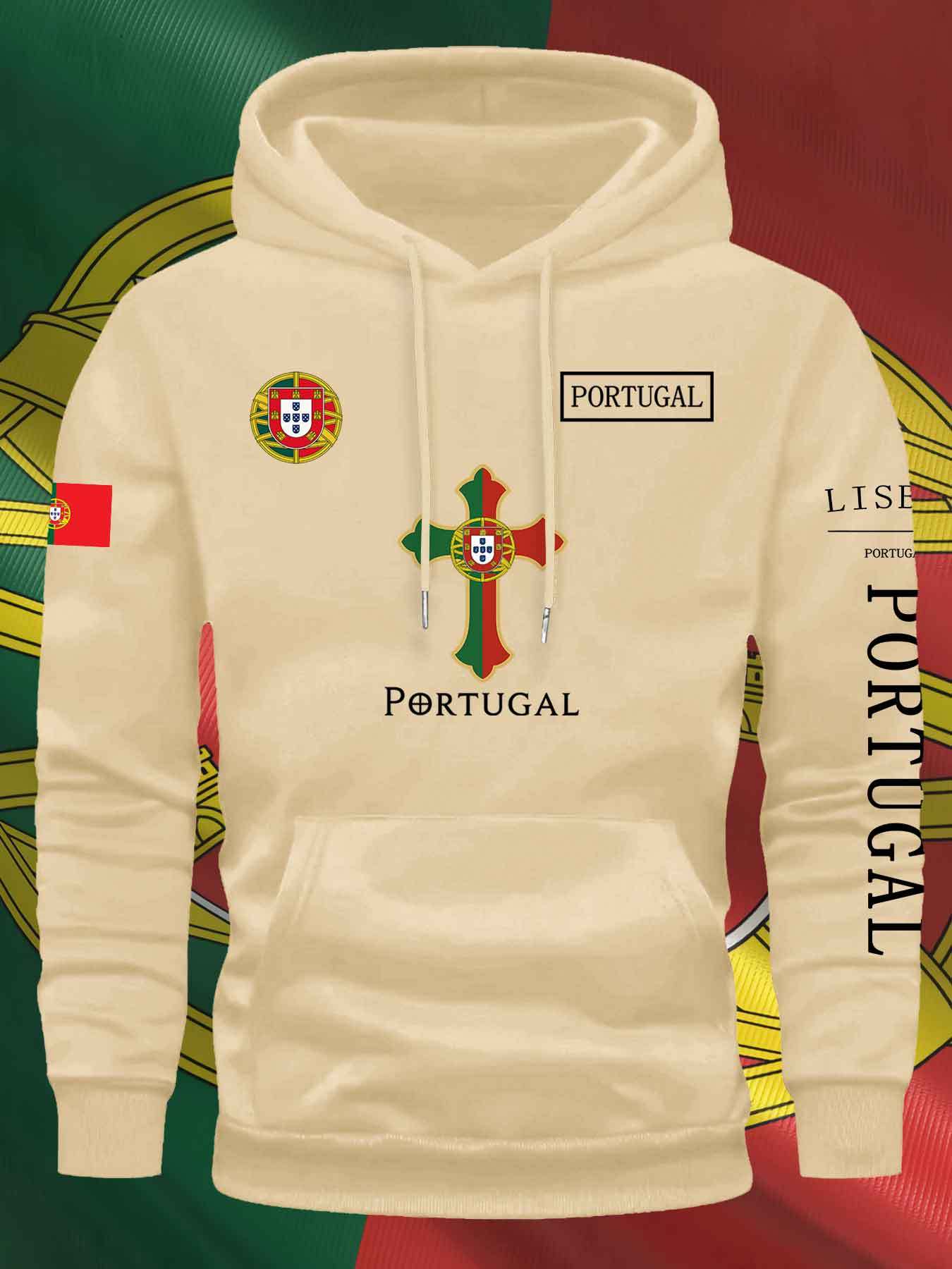 KOURRTER Men'S & Women'S Casual Hoodie - Autumn Winter Sporty Outdoor Hooded Sweatshirt with Portugal Flag & Cross Design, Comfortable Regular Fit with Pockets, Sweater Hoodie