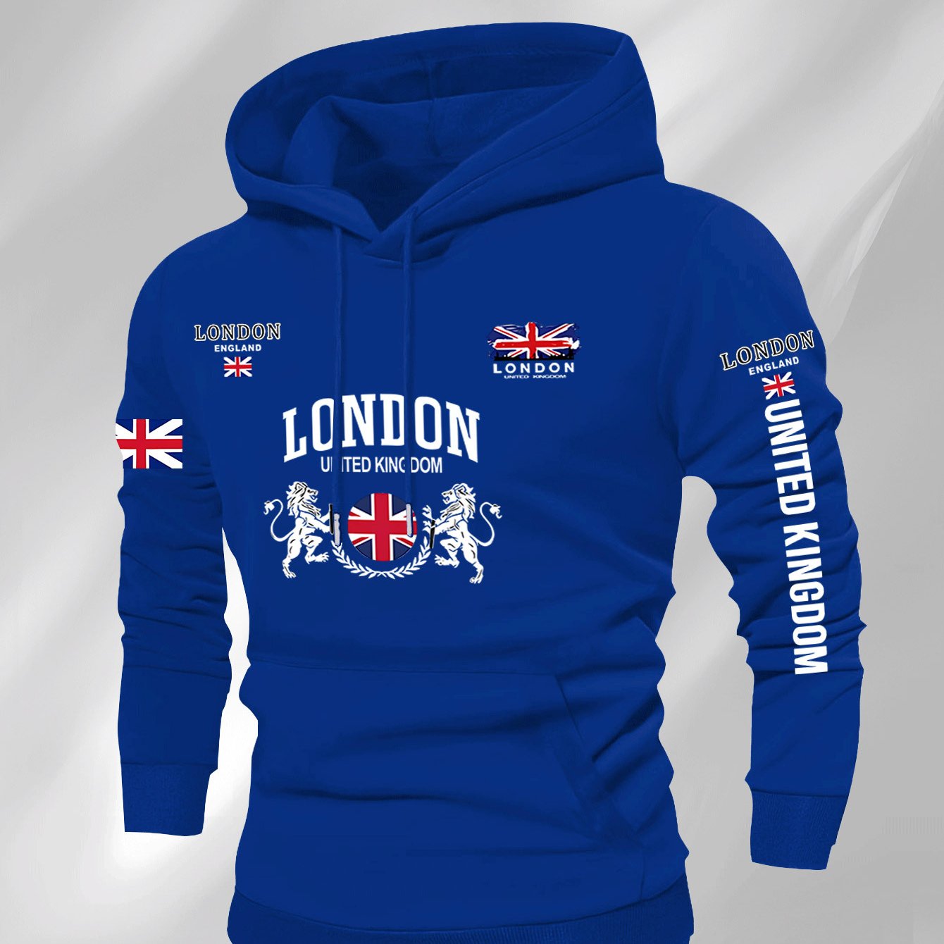 Men's British Union Jack & London Graphic Hooded Sweatshirt - Heavyweight 300gsm Polyester Knit, Casual Regular Fit Pullover with UK Landmarks Lettering (Big Ben, Fishermen), Autumn Winter Warmth, Machine Washable