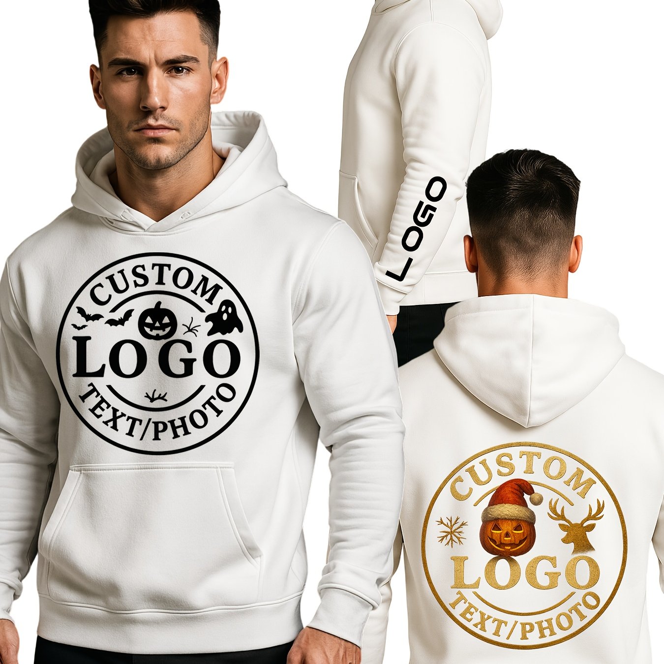 Customizable LOGO Hoodie & Sweatshirt - Unisex Pullover with Personalized Text/Photo/Design, Breathable Fabric, Regular Fit for Men & Women, Perfect Gift for Halloween, Christmas, Couple Celebrations, Casual Wear, Streetwear