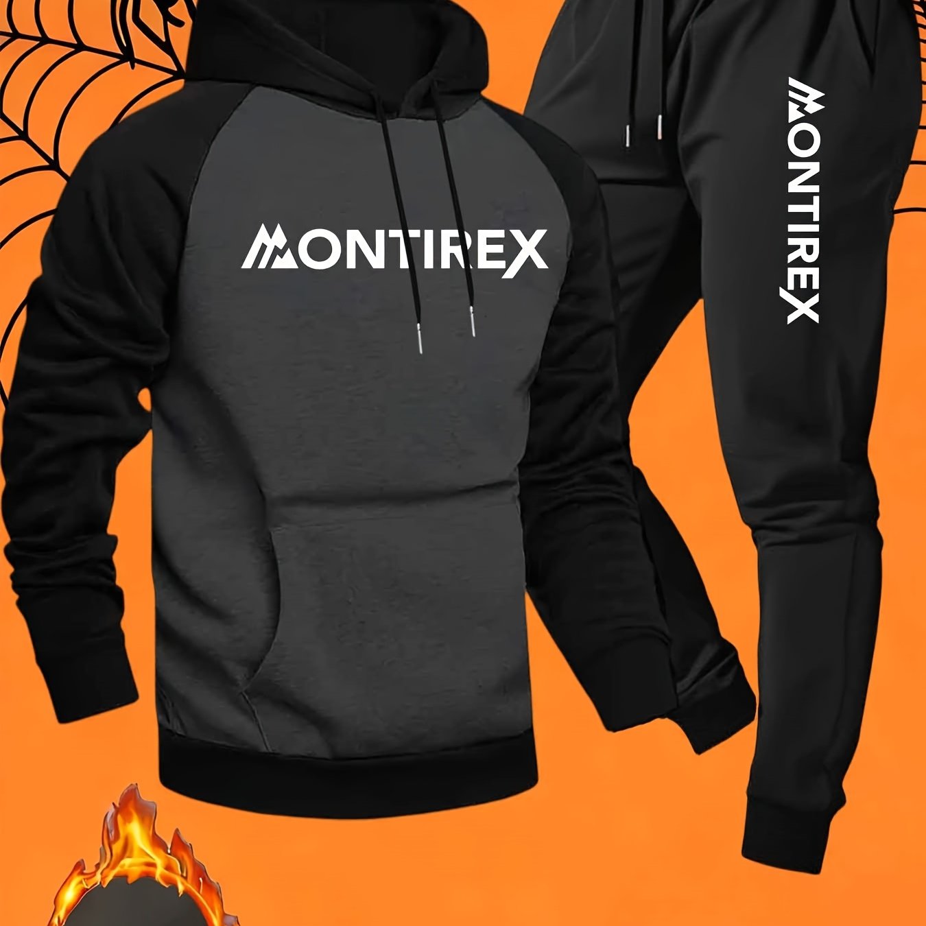 Men’s Two-Tone Hoodie &amp; Sweatpants Set – “MONTIREX” Print, Grey Casual Fall/Winter Tracksuit with Pockets, Regular Fit, Comfortable Outdoor Outfit