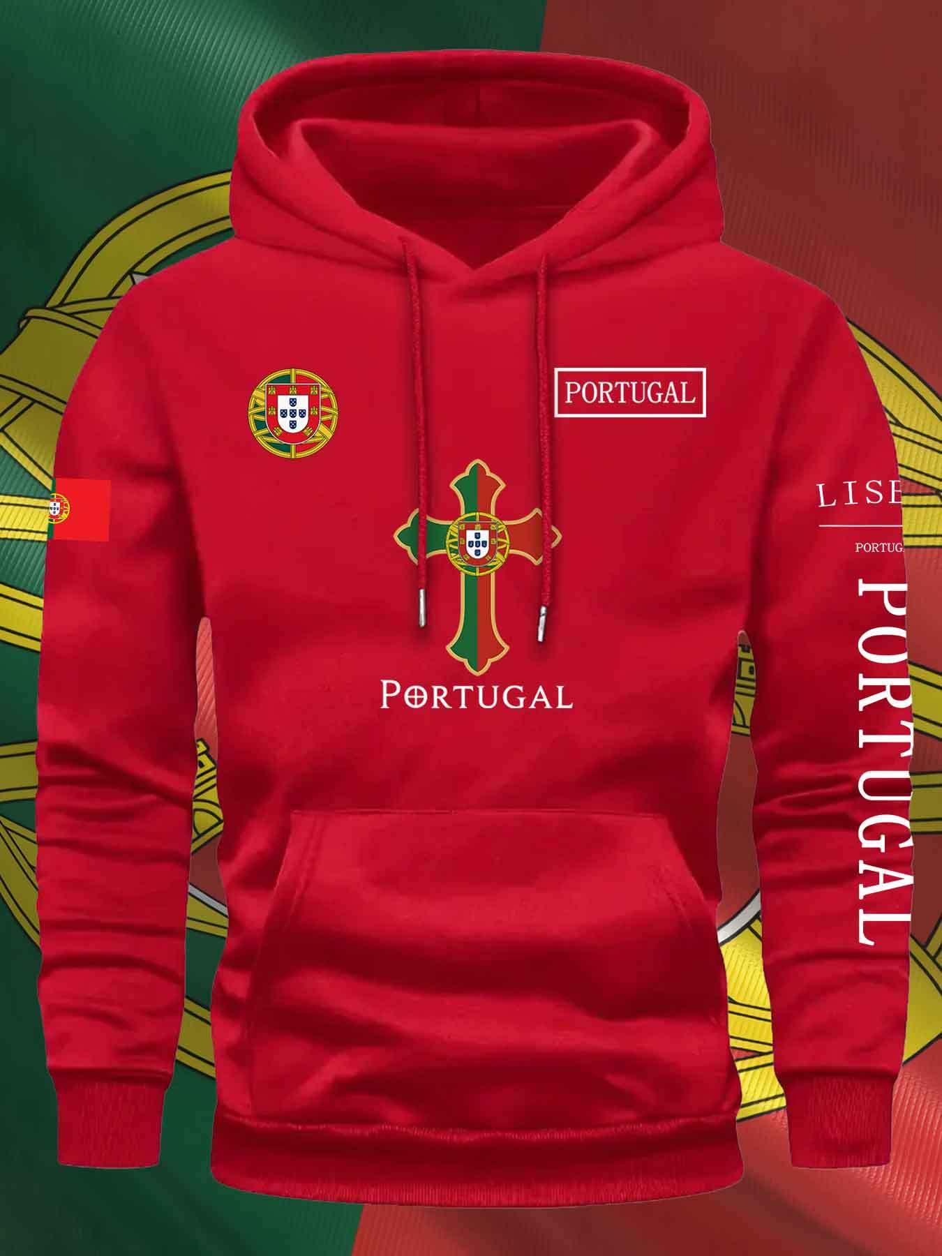 KOURRTER Men'S & Women'S Casual Hoodie - Autumn Winter Sporty Outdoor Hooded Sweatshirt with Portugal Flag & Cross Design, Comfortable Regular Fit with Pockets, Sweater Hoodie