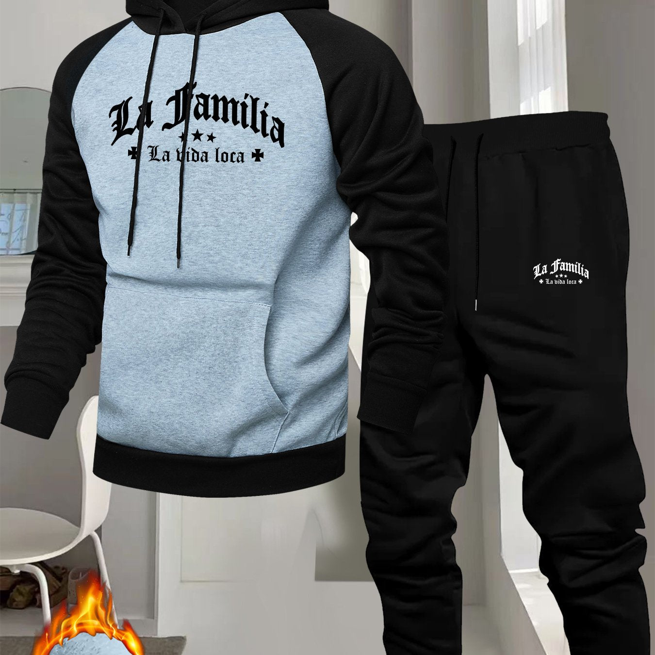 Men's Casual Sport Raglan Sleeve Hooded Sweatshirt Two-Piece Set, Dual-Tone Color Blocking Trendy Matching Outfit with Hot-Selling European and American Pattern Print Design for Comfortable Fashion Wear