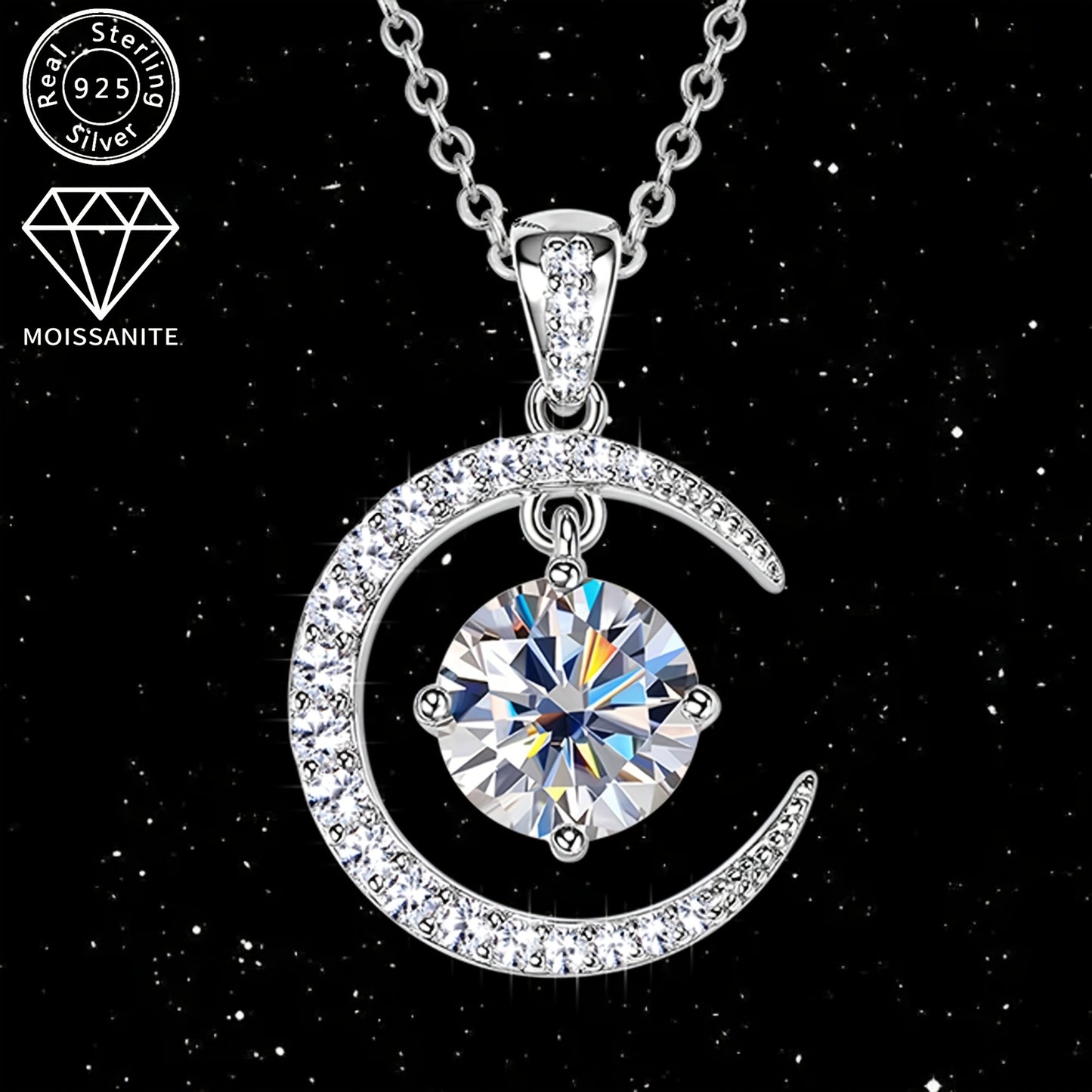 3.86g Silver, 2.31ct Moissanite Main Stone 8mm*1pcs-2CT; Total Carat of Side Stones 0.31ct 1 Strand 925 Sterling Silver Women's Pendant Necklace Moon Sun Element Round Moissanite Pendant Necklace Fashion Holiday Gift Jewelry