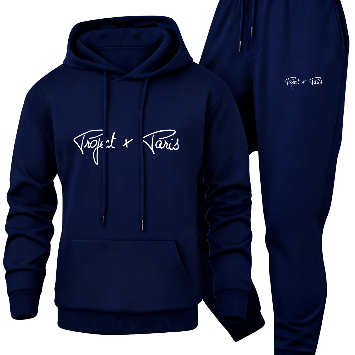 Autumn and Winter Men'S Fleece-Lined Thickened Hooded Sweatshirt and Jogger Casual Sport Two-Piece Set, Polyester Fabric, Project X Paris Letter Print - 2pcs, Knit, Casual Sport Two-piece Set