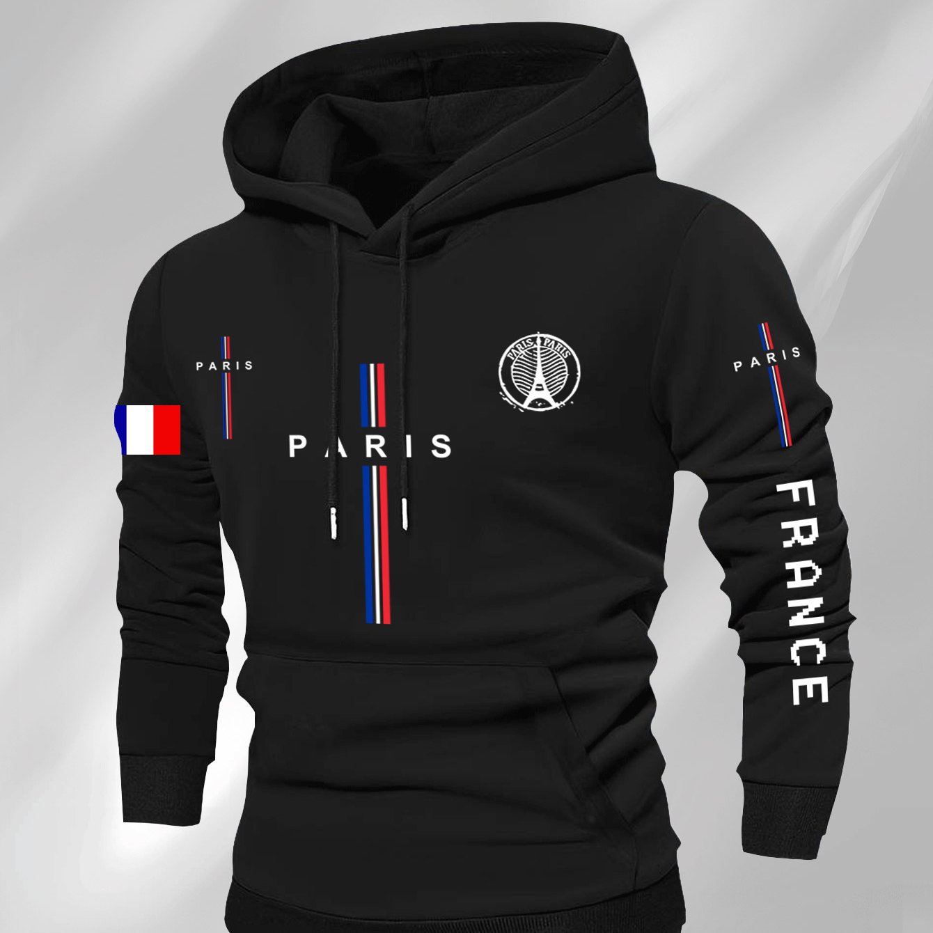 Men’s Casual Paris Graphic Hooded Sweatshirt – Geometric Print with Eiffel Tower & French Flag Stripes, Regular Fit, Beige, Autumn/Winter Casual Apparel