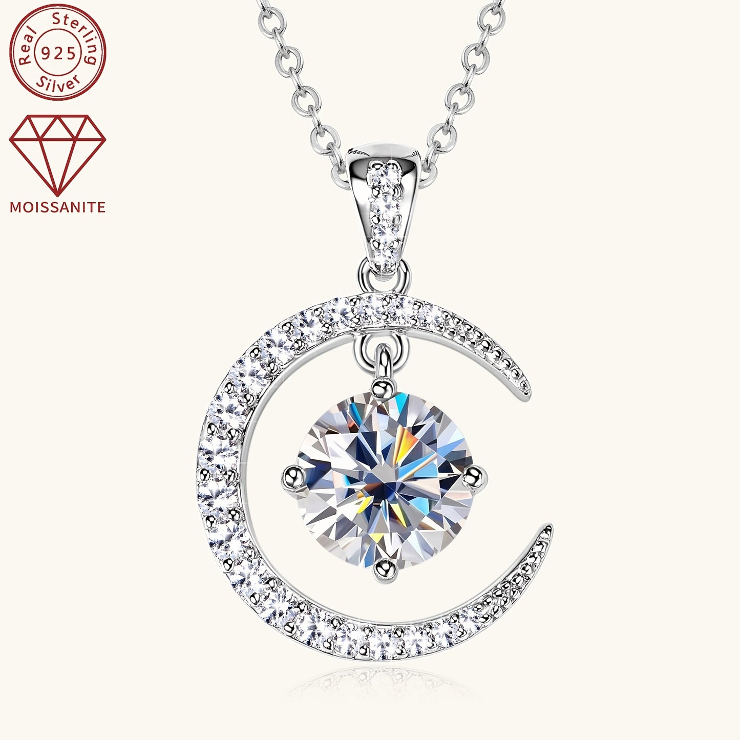 3.86g Silver, 2.31ct Moissanite Main Stone 8mm*1pcs-2CT; Total Carat of Side Stones 0.31ct 1 Strand 925 Sterling Silver Women's Pendant Necklace Moon Sun Element Round Moissanite Pendant Necklace Fashion Holiday Gift Jewelry