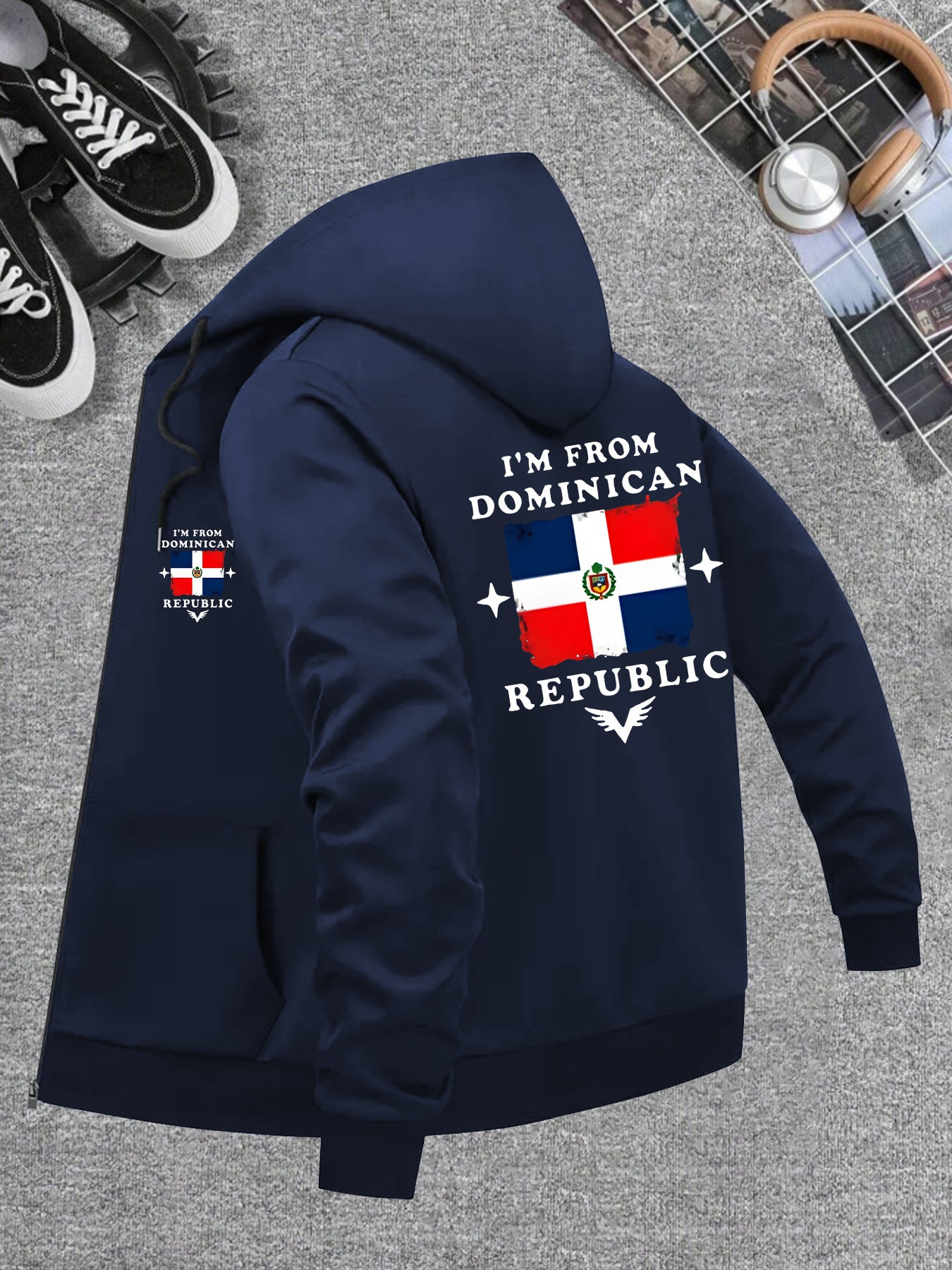 Men’s Windproof Hooded Jacket – “I’m from Dominican Republic” Print, Lightweight Zip-Up Casual Windbreaker, Black with Red &amp; White Flag Design, Ideal for Spring &amp; Fall Outdoor Wear
