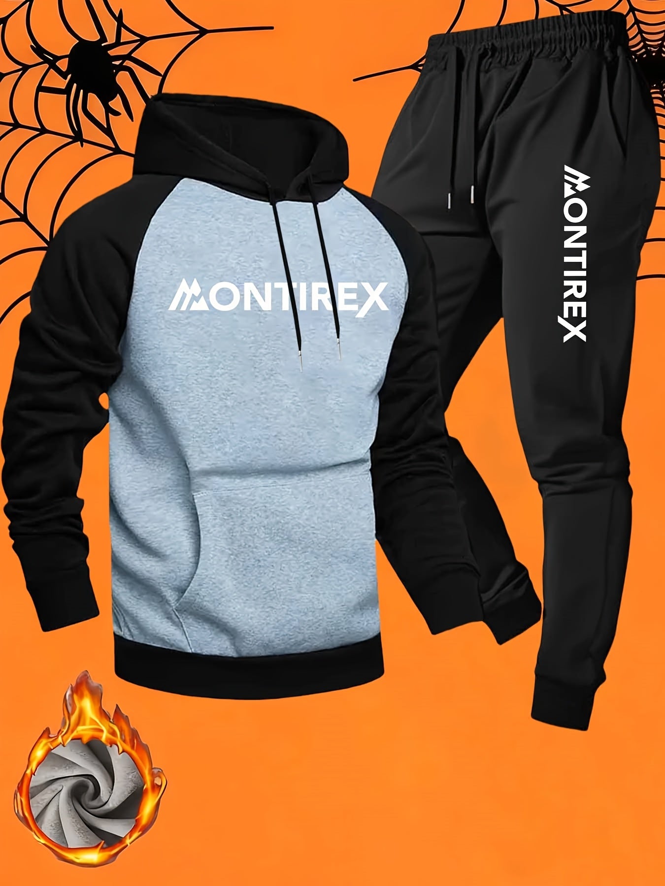 Men’s Two-Tone Hoodie &amp; Sweatpants Set – “MONTIREX” Print, Grey Casual Fall/Winter Tracksuit with Pockets, Regular Fit, Comfortable Outdoor Outfit