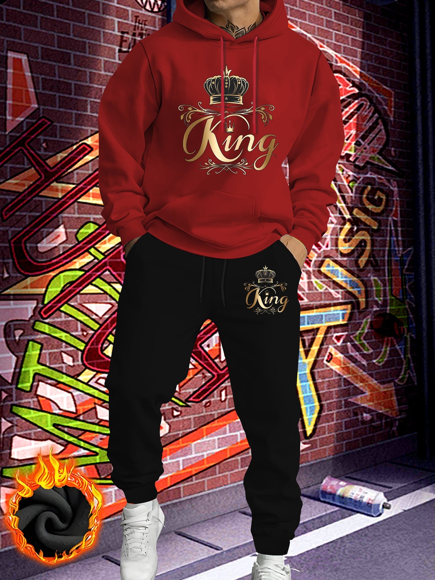Men'S Fleece-Lined Hooded Sweatshirt & Jogger Set - "King" Graphic Print, Casual Fall/Winter Outfit, Regular Fit, Slight Stretch Fabric, Trendy Streetwear Style