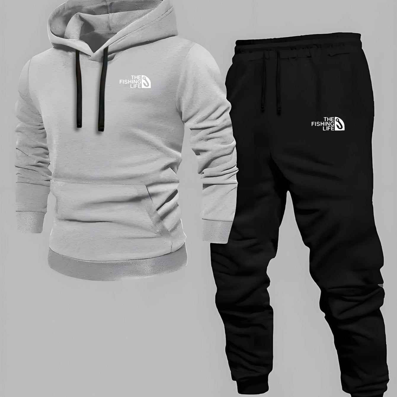 Men’s Casual Hooded Tracksuit – Black Sweatshirt and Sports Pants Set with Pockets, Long Sleeves, and Waistbands – Ideal for Autumn &amp; Winter Outdoor Activities