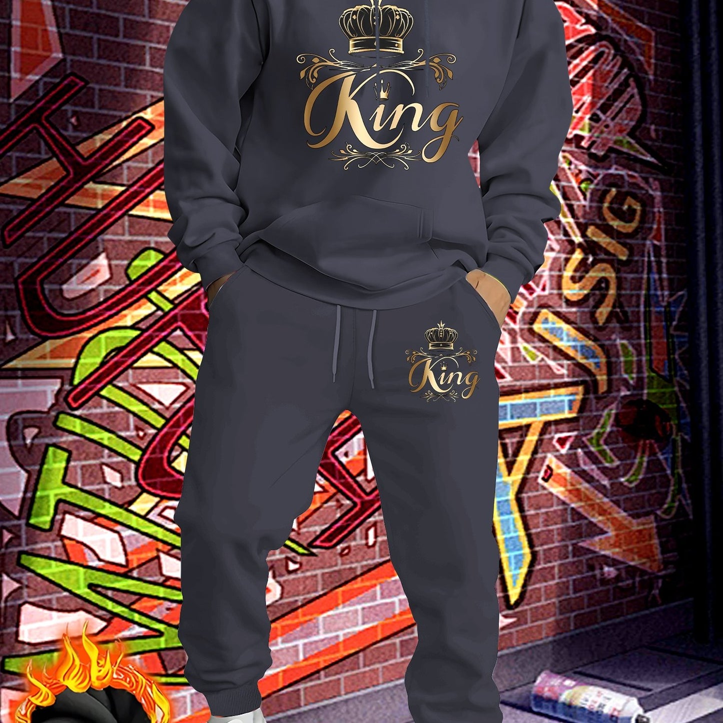 Men'S Fleece-Lined Hooded Sweatshirt & Jogger Set - "King" Graphic Print, Casual Fall/Winter Outfit, Regular Fit, Slight Stretch Fabric, Trendy Streetwear Style