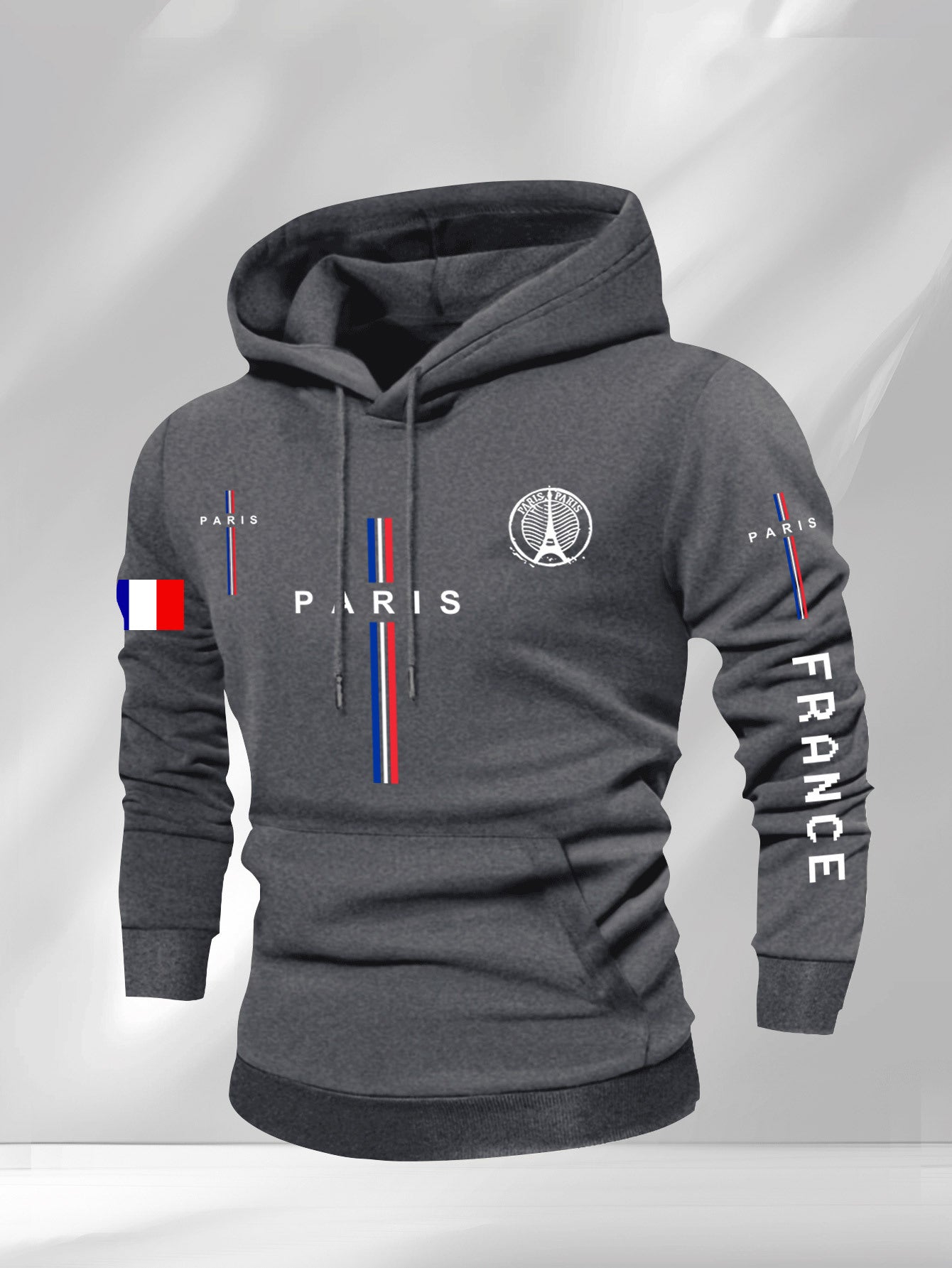 Men’s Casual Paris Graphic Hooded Sweatshirt – Geometric Print with Eiffel Tower & French Flag Stripes, Regular Fit, Beige, Autumn/Winter Casual Apparel